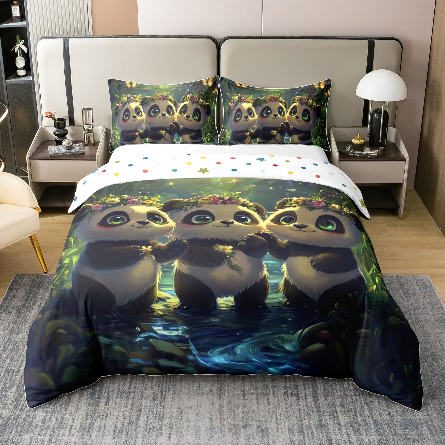 3 Pieces Cartoon Pandas Duvet Cover 100% Cotton Full for Teens Youth,Jungle Animals Watercolor 3D Bear Comforter Cover,Glittering Butterly Natural Landscape Super Soft Bedding (Not Comforter)