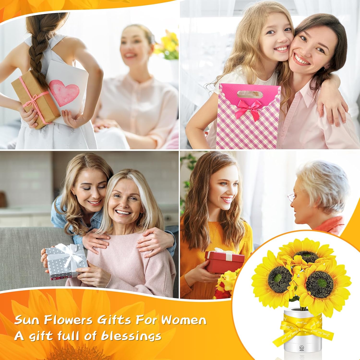 2 Sets Sunflower LED Lamp USB Rechargeable Touch Night Light, Sunflower Gifts for Women 3 Color Dimmable with Cards, Ribbons Gift Boxes Battery Flower Decor for Bedroom Birthday Mother's Day Mom Gifts