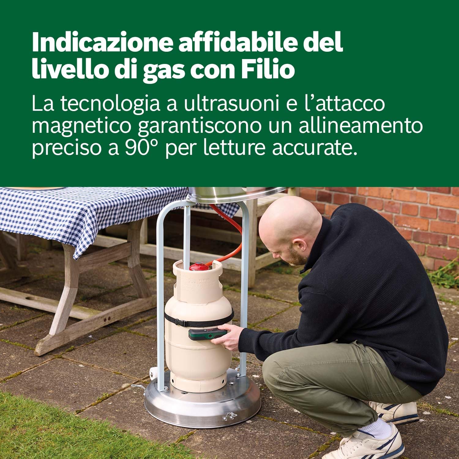 Bosch Indicatore del livello di gas Filio (tecnologia a ultrasuoni, compatibile con bombole di gas di acciaio e di alluminio da 200-350 mm, feedback tramite LED, attacco magnetico)