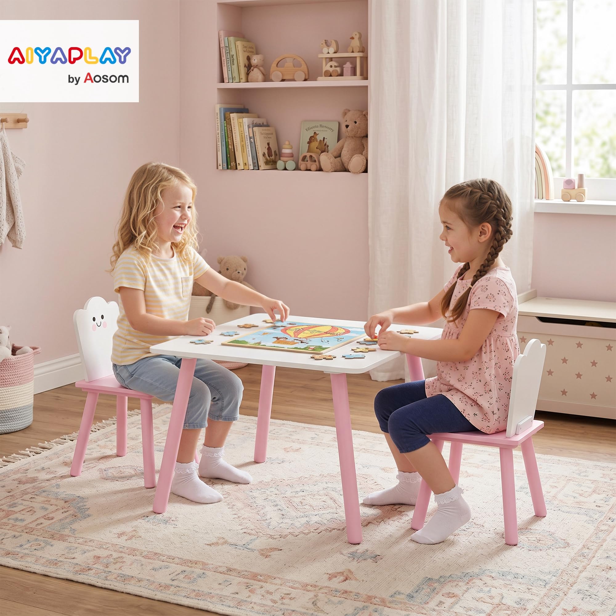 AIYAPLAY Set Tavolo e 2 Sedie per Bambini 3-6 Anni Zucchero Filato Rosa | Legno di Pino e MDF, Tavolino per Bambini con Sedie, Angoli Arrotondati, per Cameretta