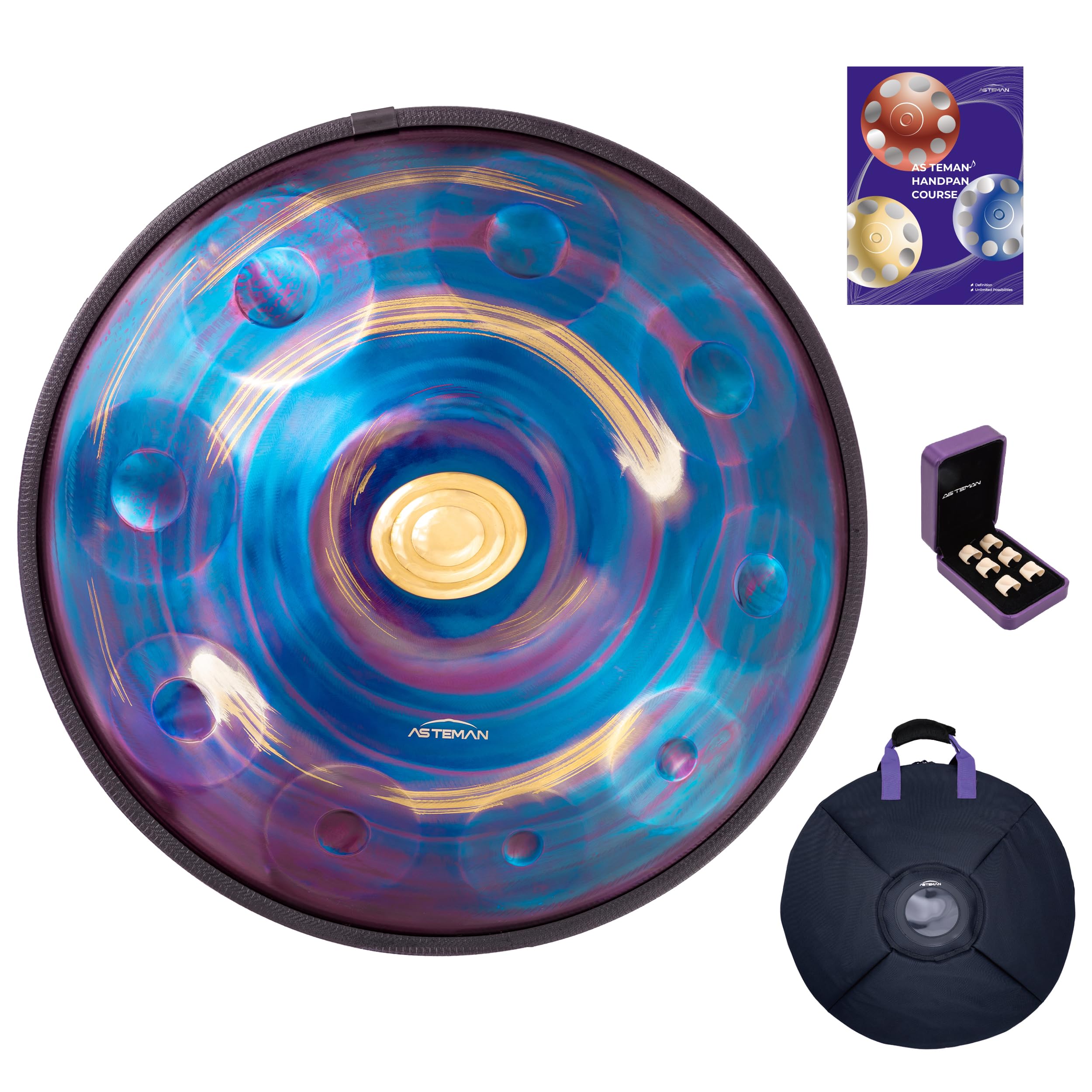 ASTEMAN Handpan in D Minor,432hz 22inches with 10 notes, comes with a backpack, courses, finger sleeves, stand, cleaning cloth, and two mallets.
