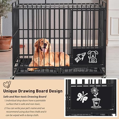 Miniatura 5 de Jaula resistente de 44 pulgadas, jaula para perros a prueba de escapes con ruedas con cerradura, 2 puertas para perros de alta ansiedad, jaula para