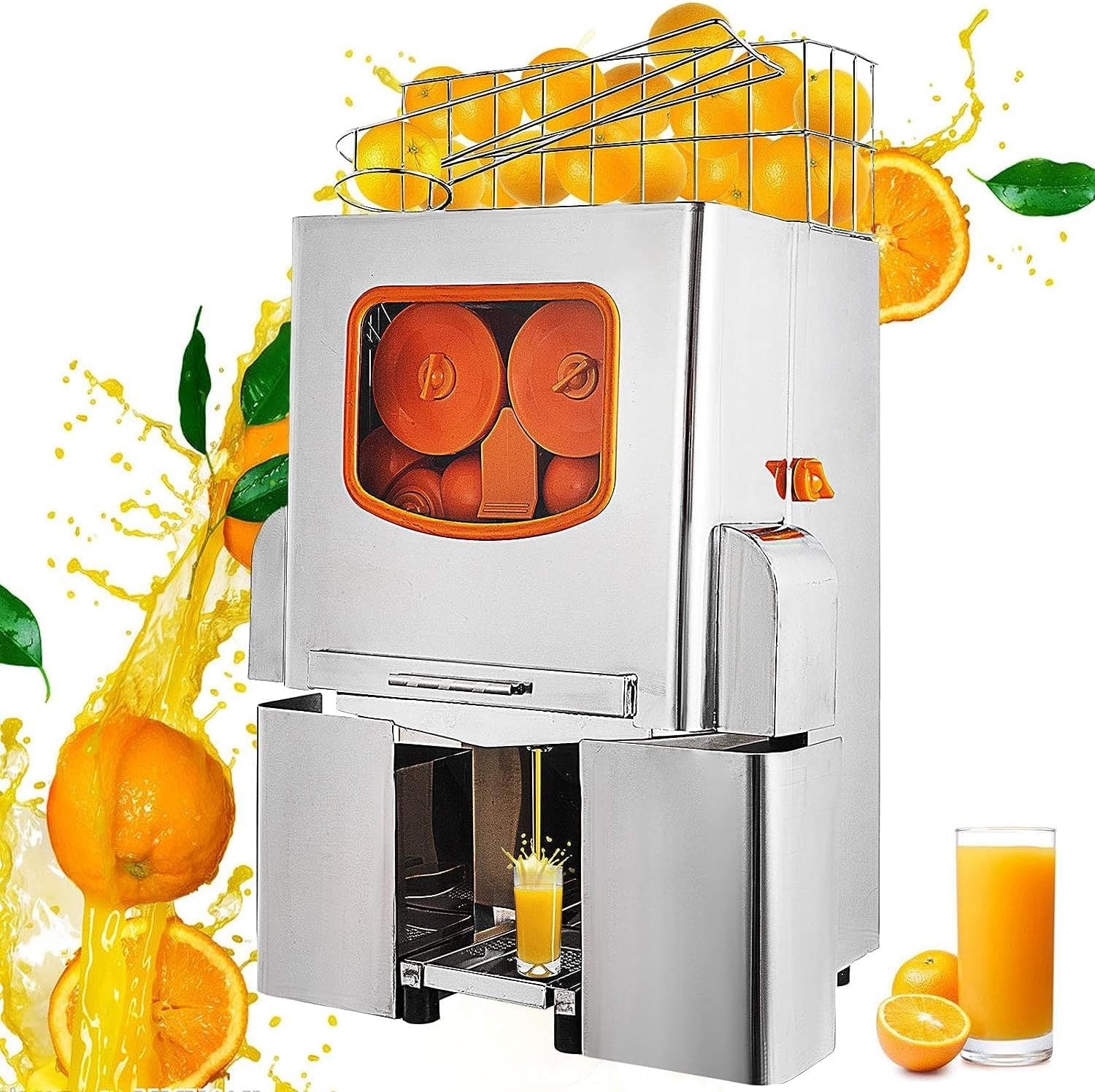 Commercial Automatic Citrus Juicer, 110V 120W Electric Orange Juice Extractor, 25 Fruits Per Minute Fast Juicing, SUS304 Stainless Steel Tank, Easy Clean Filter & Dual Peel Buckets