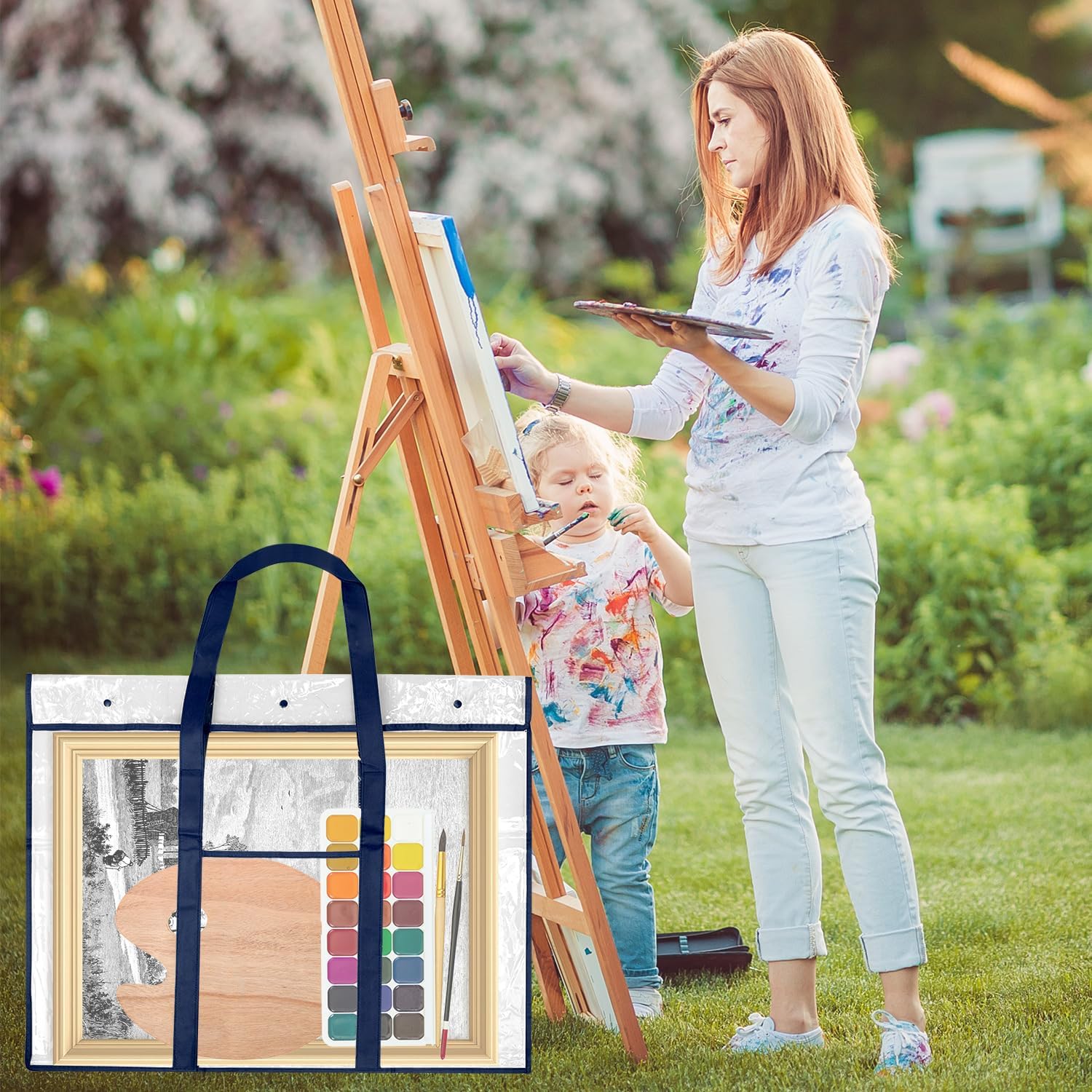 QWORK Large Poster Storage Bag, 3 Pack 31.5" x 25.5" PVC See-Through Bag with Long Handle, Extra Pocket, for Bulletin Boards, Artworks, and Charts, 3 Button Closure, Black Red Blue