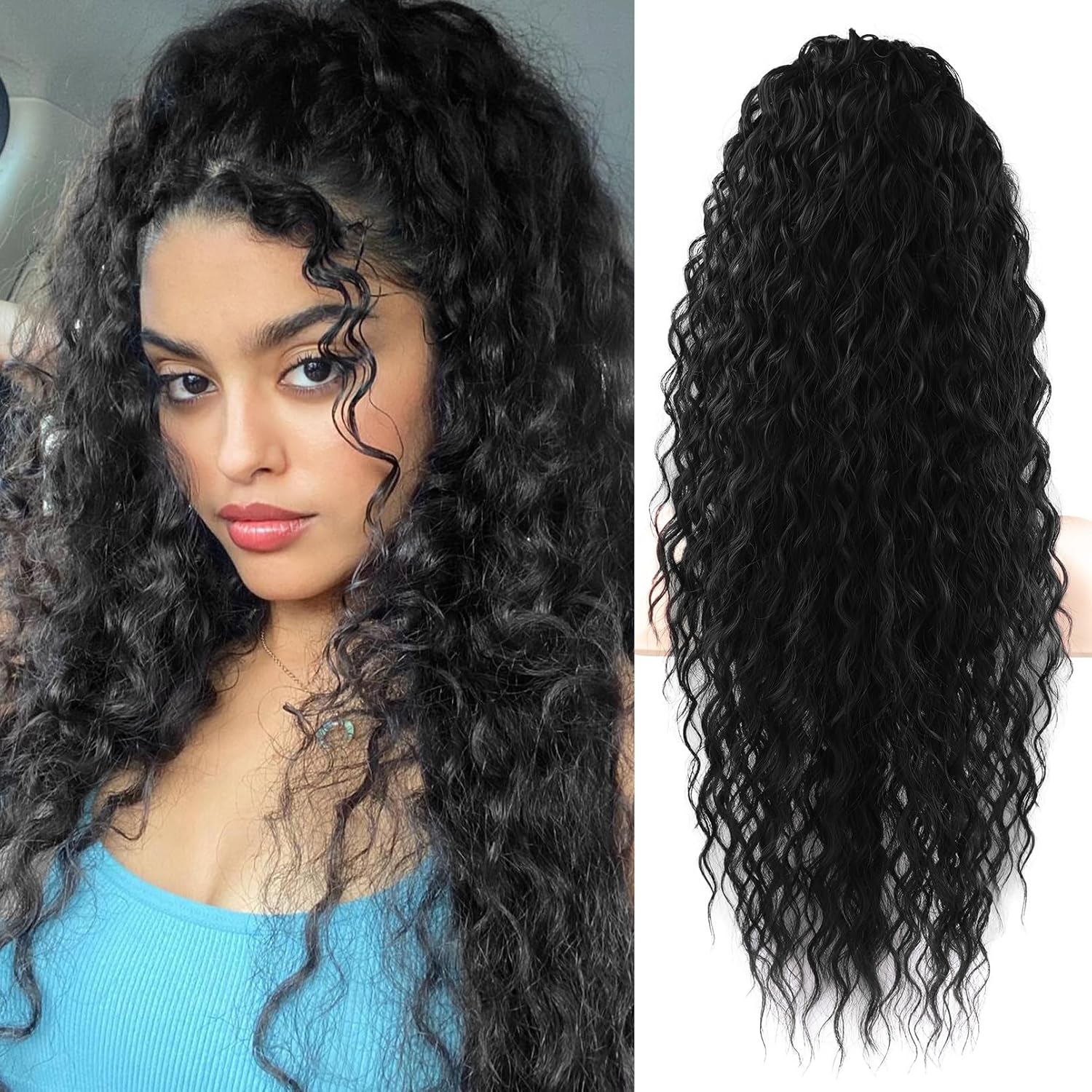 SEIKEA Highlight Drawstring Ponytail Extension, PT005 Isabella 26″ Long Bohemian Curly Pony Tail Multi Layered Light Soft Clip in Hair Extensions Ponytail Natural Synthetic Hairpiece for Women Black