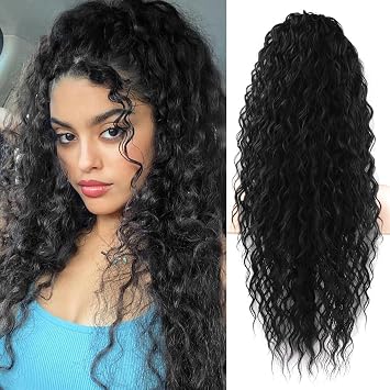 SEIKEA Highlight Drawstring Ponytail Extension, PT005 Isabella 26" Long Bohemian Curly Pony Tail Multi Layered Light Soft Clip in Hair Extensions Ponytail Natural Synthetic Hairpiece for Women Black
