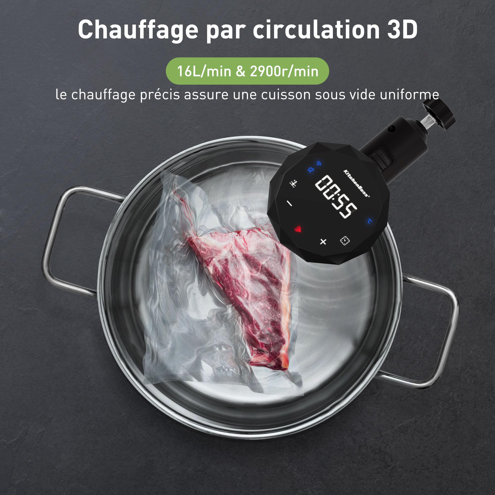 KitchenBoss Thermoplongeur Cuisson Sous Vide WiFi: Cuisson Sous Vide de Contrôle Précis de la Température, Cuisinière Thermostat Réglable, APP Contrôle, IPX7 Imperméable, LED Display Silencieux 1100W