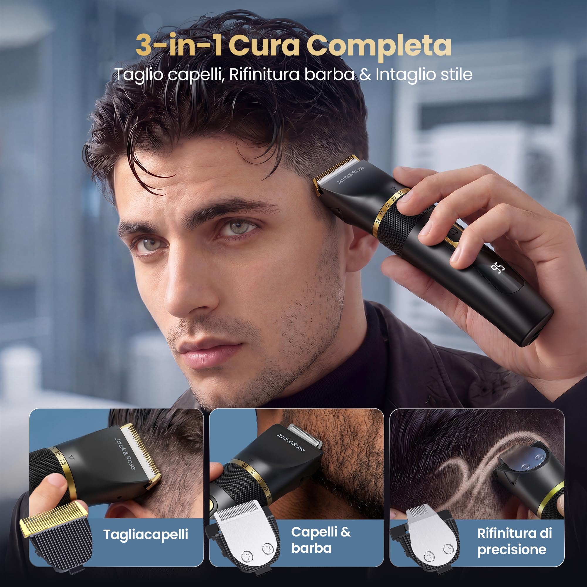 Jack&Rose Tagliacapelli & Barba Uomo 3-in-1, Senza Filo Lama Ceramica