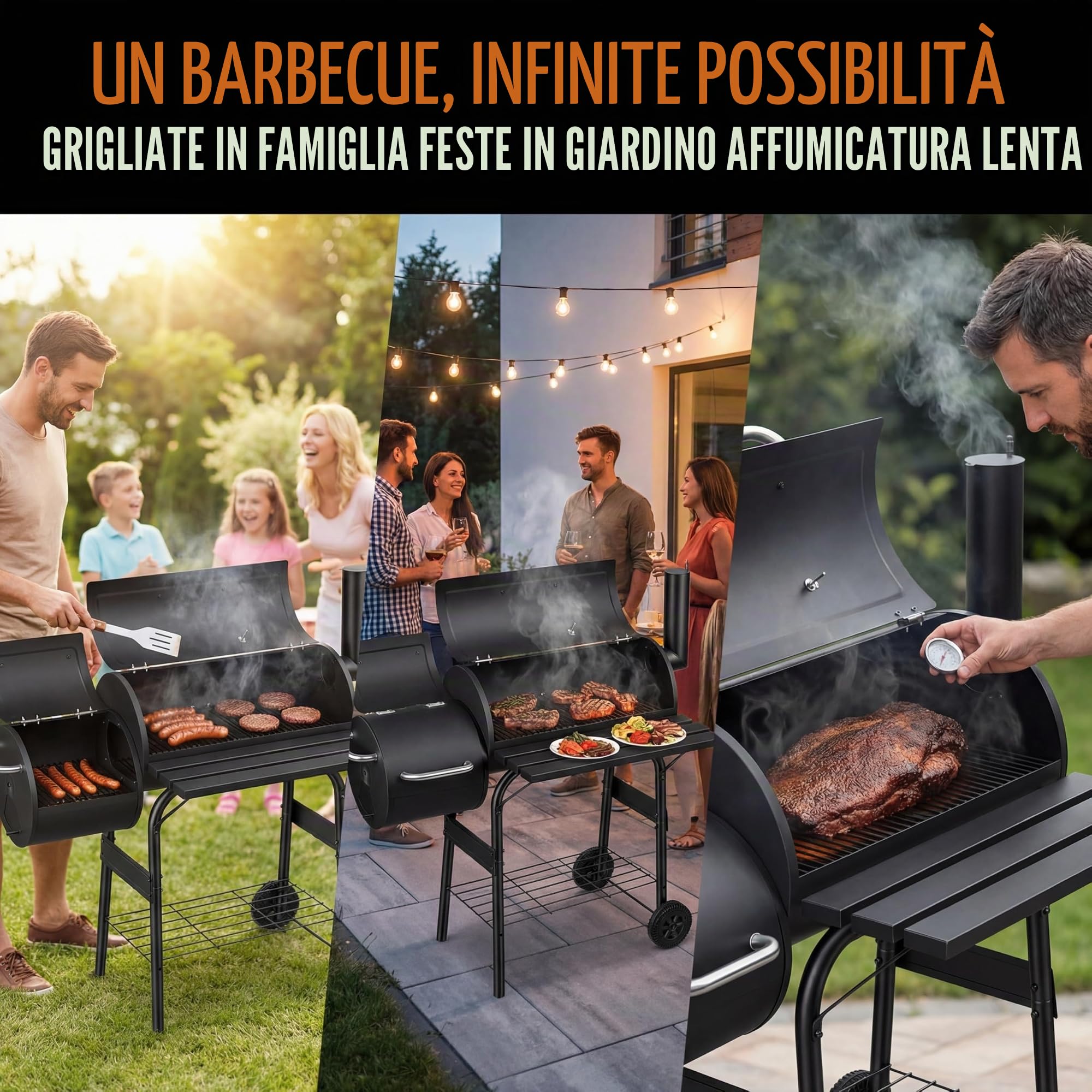 Barbecue a carbonella con 2 camere, carrello per barbecue con termometro, affumicatore per grigliare e affumicare indirettamente, barbecue da giardino con ripiani, nero