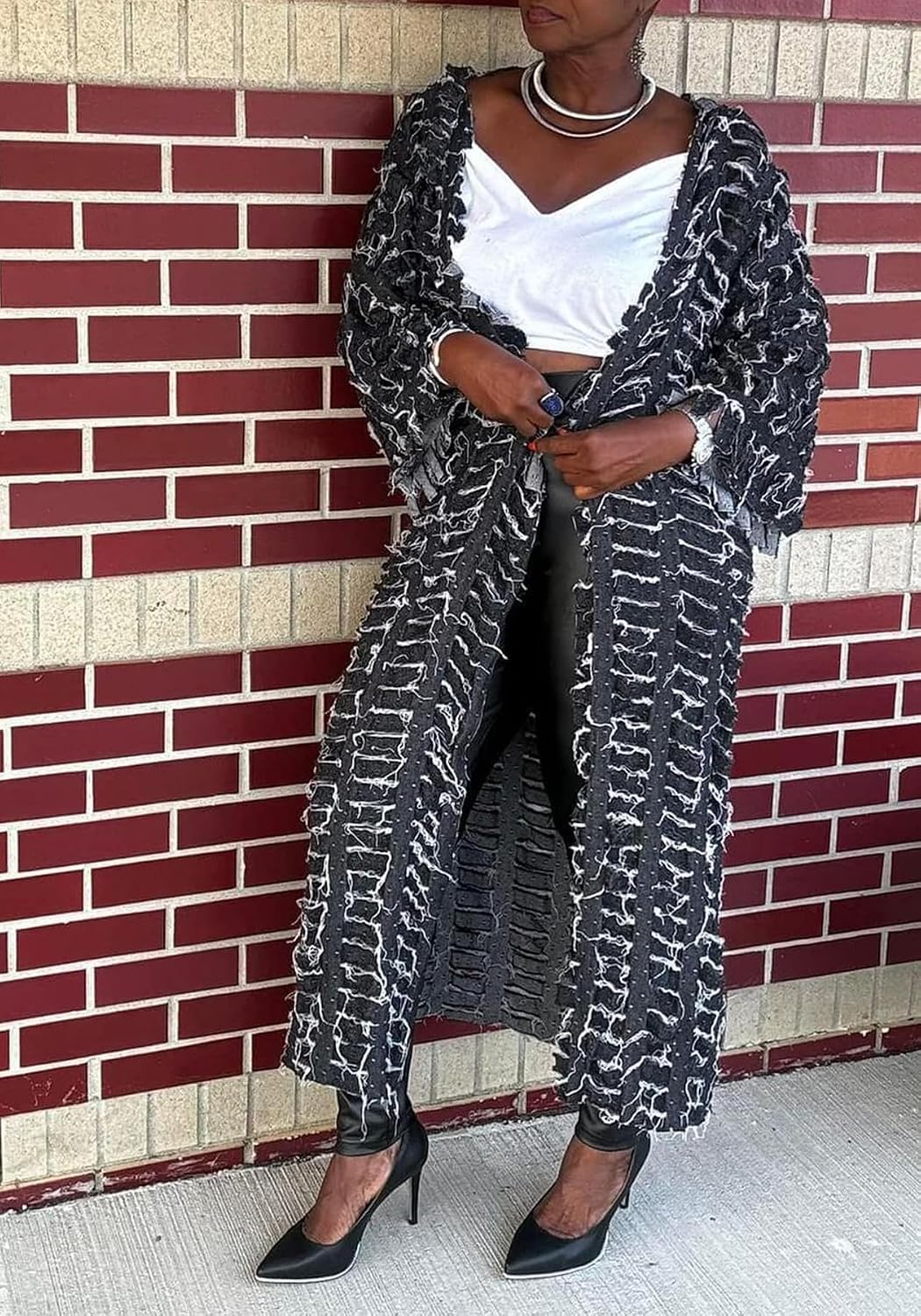 LETSVDO Women's Ripped Denim Duster Kimono Cardigan Oversized Distressed Hollow Out Open Front Long Jean Jacket Coat