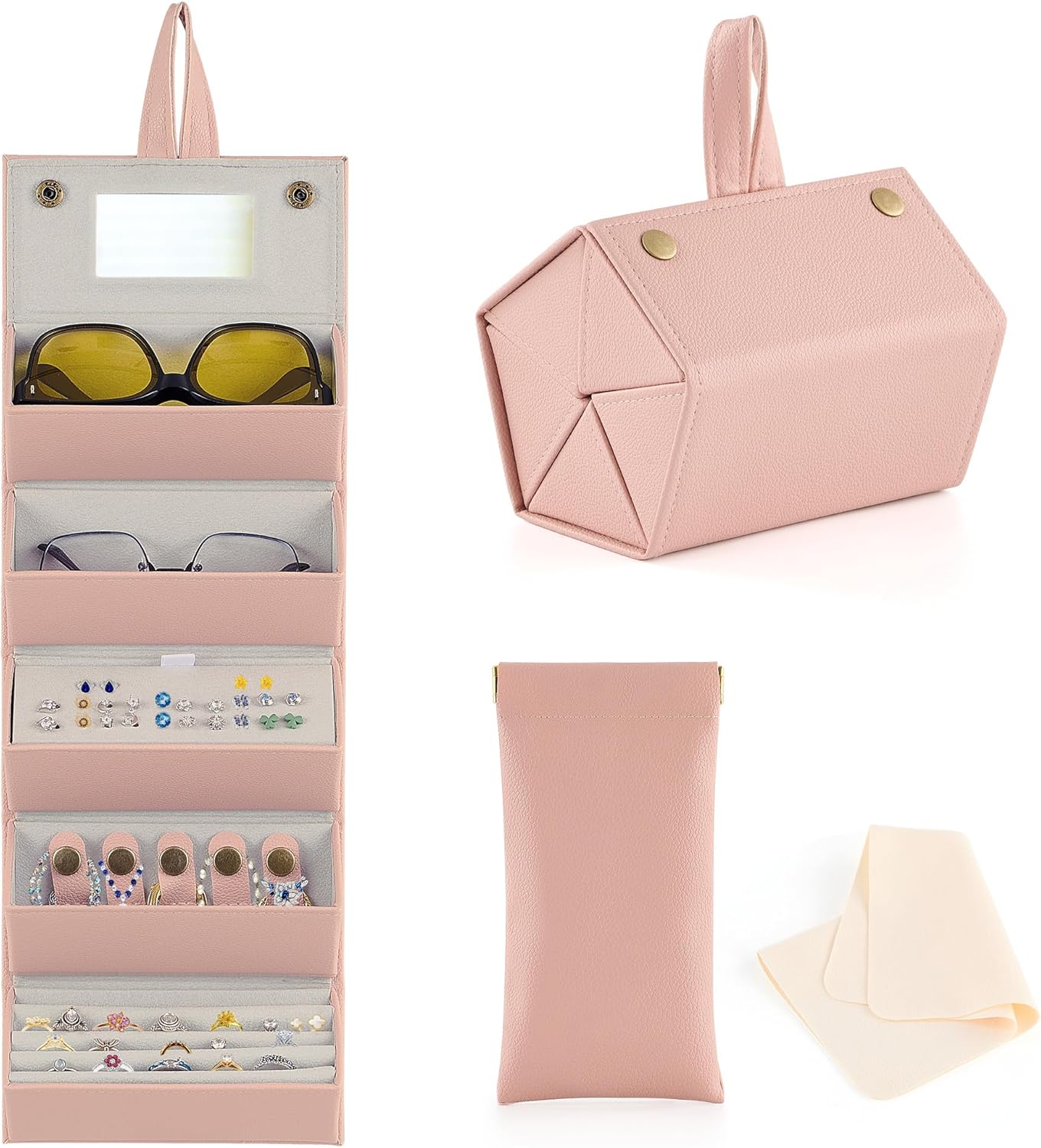 CO-Z 5-Slot Sunglasses Organizer, Folding Glasses Jewelry Storage Case with Mirror, Travel Sunglasses Case for Women & Men