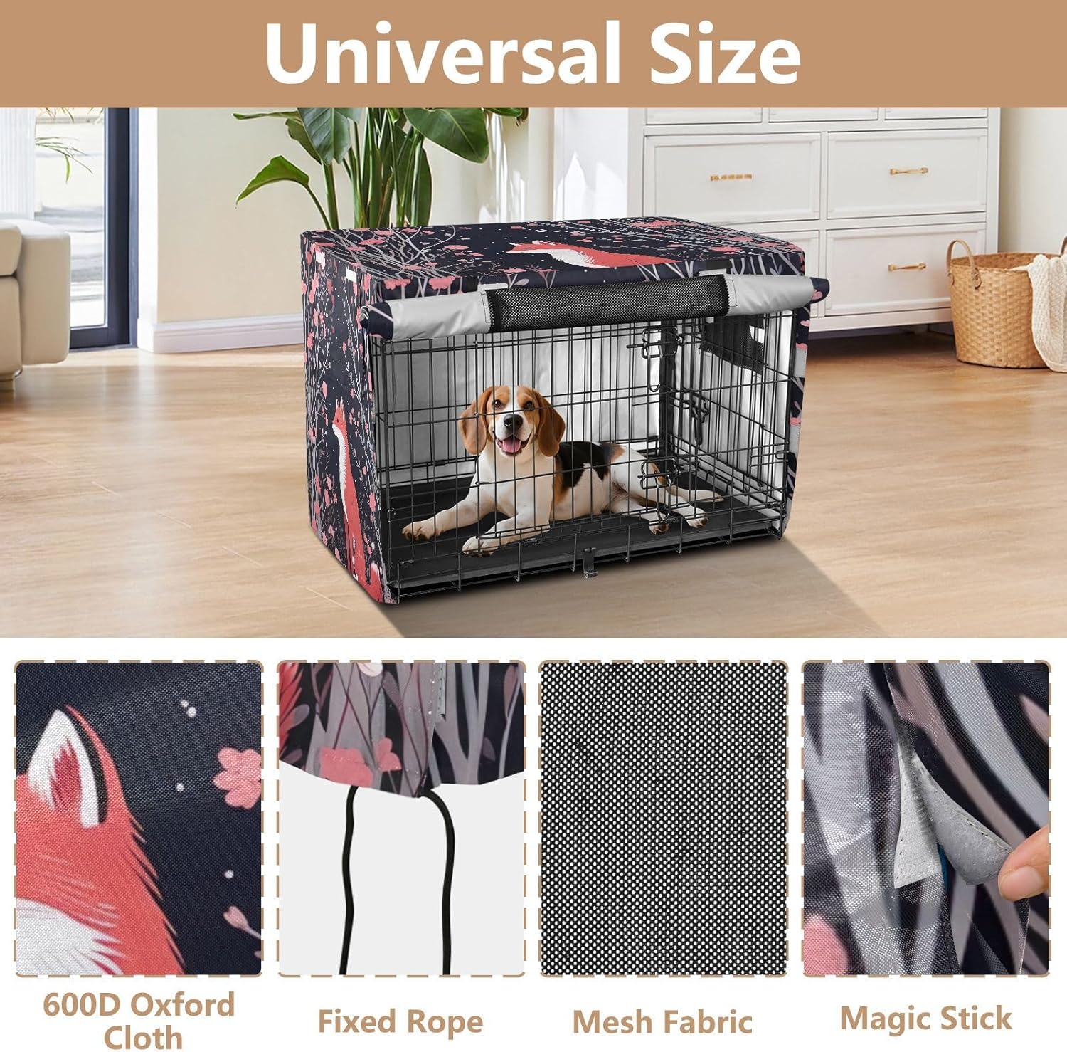 Red Fox Pink Flowers Dog Crate Covers Fixed Buckle at Bottom, Pet Cage Cover with Mesh Windows, Large