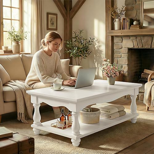 Miniatura 6 de Mesa de centro de granja con almacenamiento, mesas de centro de mediados de siglo para sala de estar, mesa de centro blanca moderna de 2 niveles de
