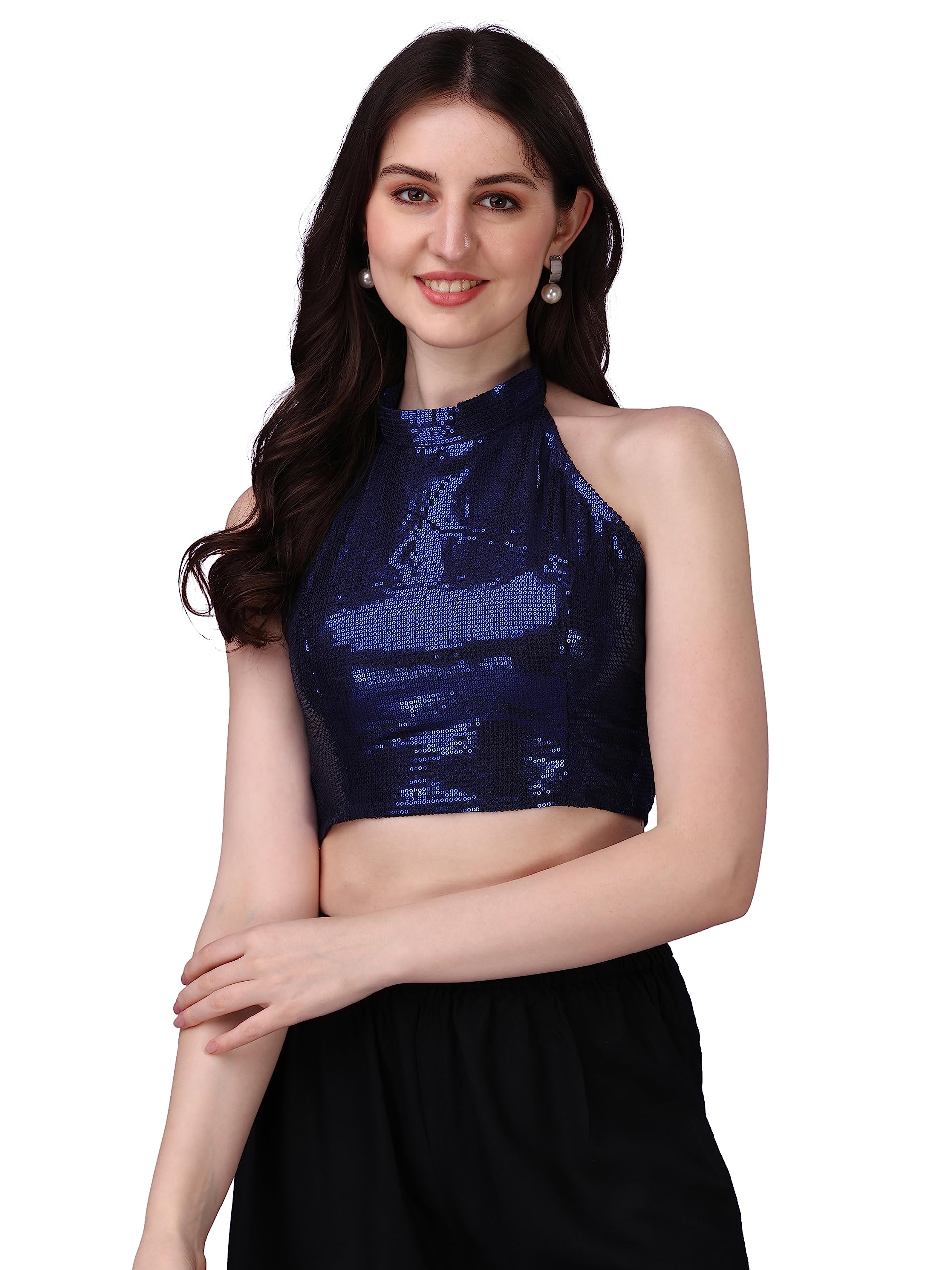 OOMPH! Women Georgette Sleeveless Readymade Blouse, Sequin, Halter, Sequin Halter