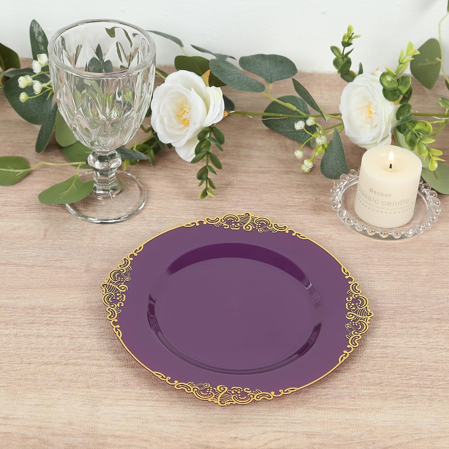 Efavormart 10 Pack | 8" Purple and Gold Baroque Dessert Plates, Leaf Embossed Metallic Rim Heavy Duty Appetizer Plates for Whimsical Birthday Parties