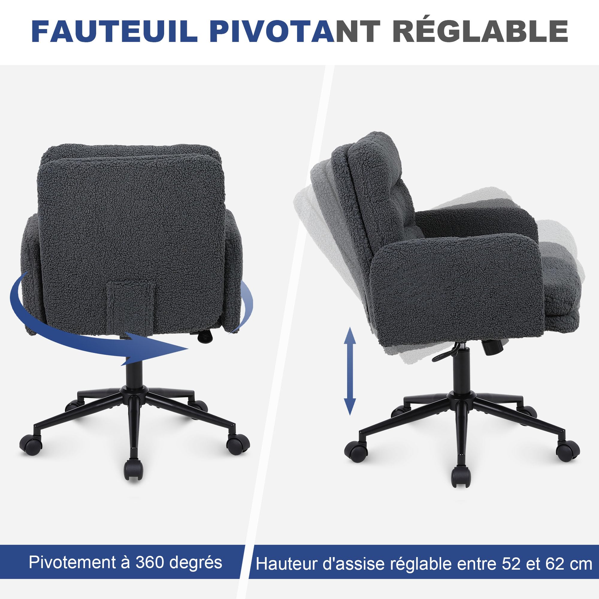 Youhauchair Chaise de Bureau, Imitation Cachemire, Chaise de Maquillage Confortable avec Hauteur réglable, Chaise Ergonomique de Bureau pour la Maison et la Chambre, Gris foncé