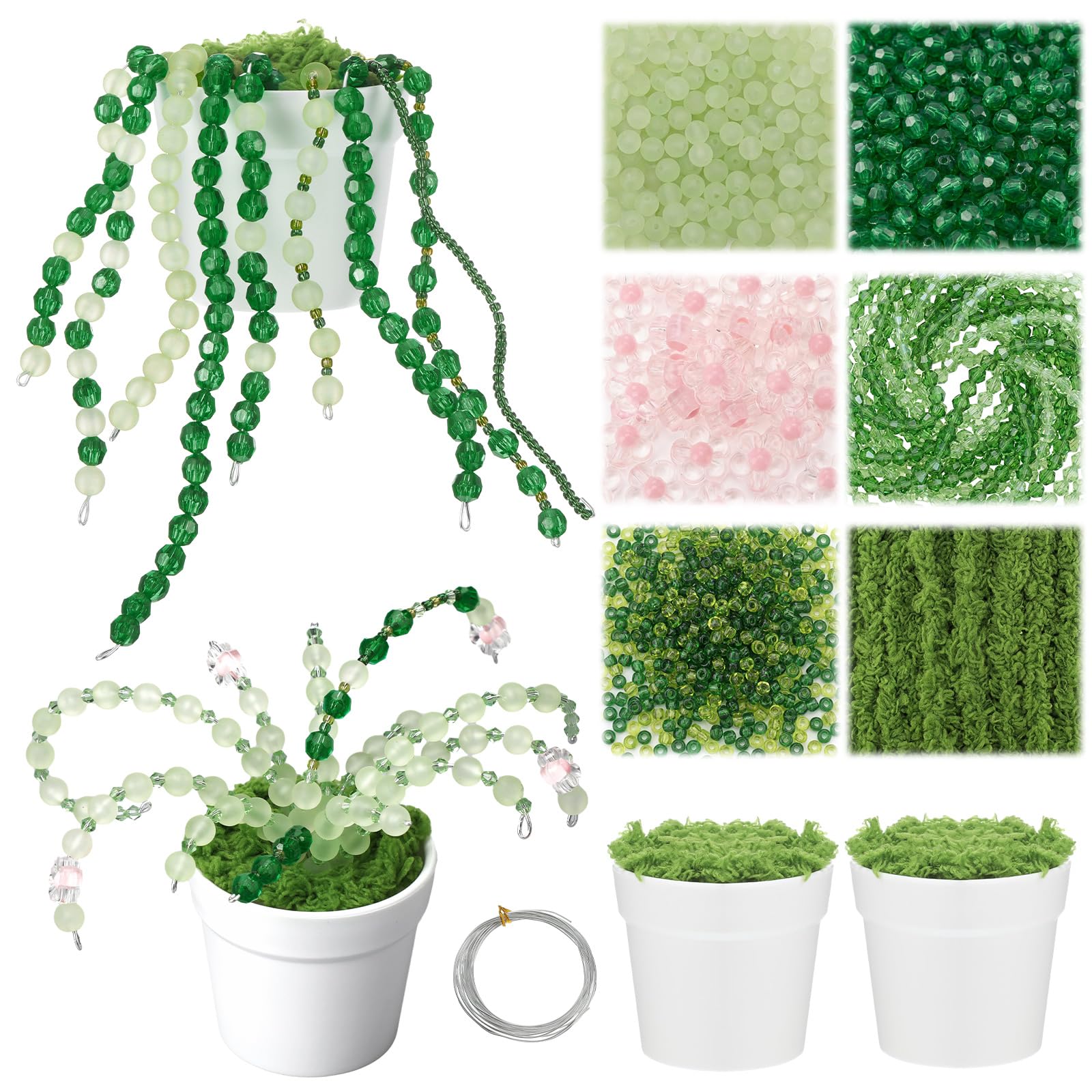 Hoolerry 2 Sets DIY Beaded Plant Crafts DIY Mini Plant Desktop Vase Decoration Sets 2.5 Inch Green Beaded Flowers Ornaments Making Kit for Home Decor Plants Lover Handmade Gifts (White)-image-30