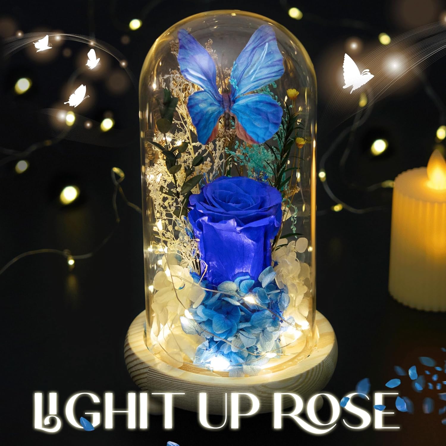 Forever Flowers Preserved Roses with Light in Glass Dome, Romantic Gifts for Mom Wife Girlfriend Grandma, Blue Flower for Christmas, Valentine's Day, Anniversary, Birthday.Prime Delivery - Image 5