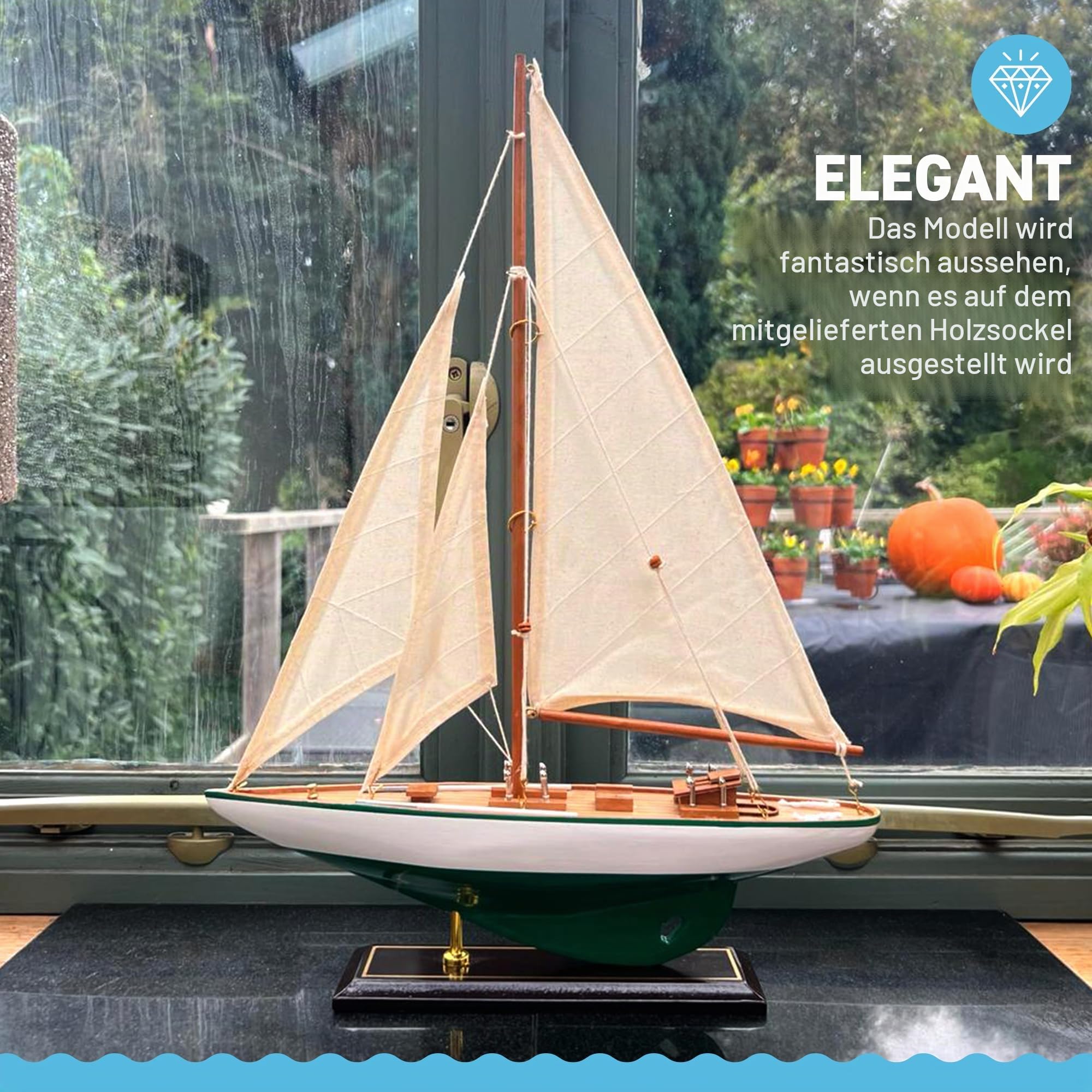 Thorness Detailliertes 35 cm langes Holzmodell J-Klasse Segelyacht | Americas Cup Racing Yacht | nautisches Ornament | Segelboot-Modell | komplett montiertes Modell-Boots-Set