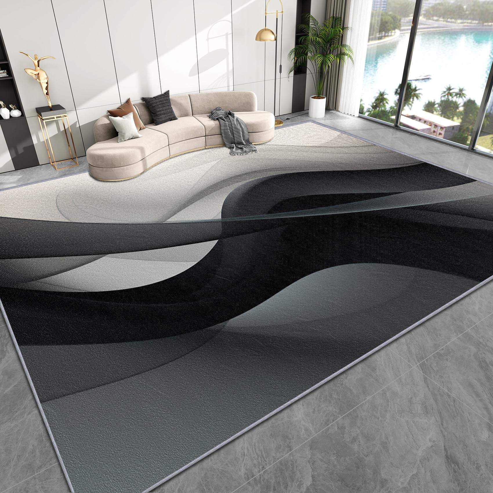 Wellen Deko, Moderne Wellen Gestreift Teppich 120x160 Kurzflor, Teppich Wohnzimmer Schwarz Weiß, Weich rutschfest Waschbare Teppiche, Bettvorleger Schlafzimmer Kinderzimmer