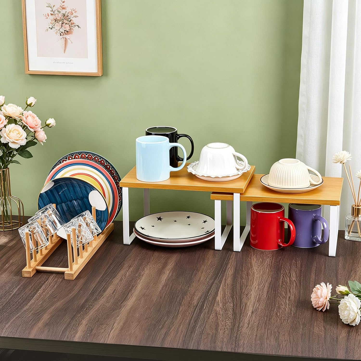 4PCS Kitchen Organizer Accessories Set 2 Cabinet Organizer Shelf 2 Bamboo Dish Drying Plate Rack Counter Shelves Storage Holder for Spice Rack Dish Pot Lid Bowl Cup