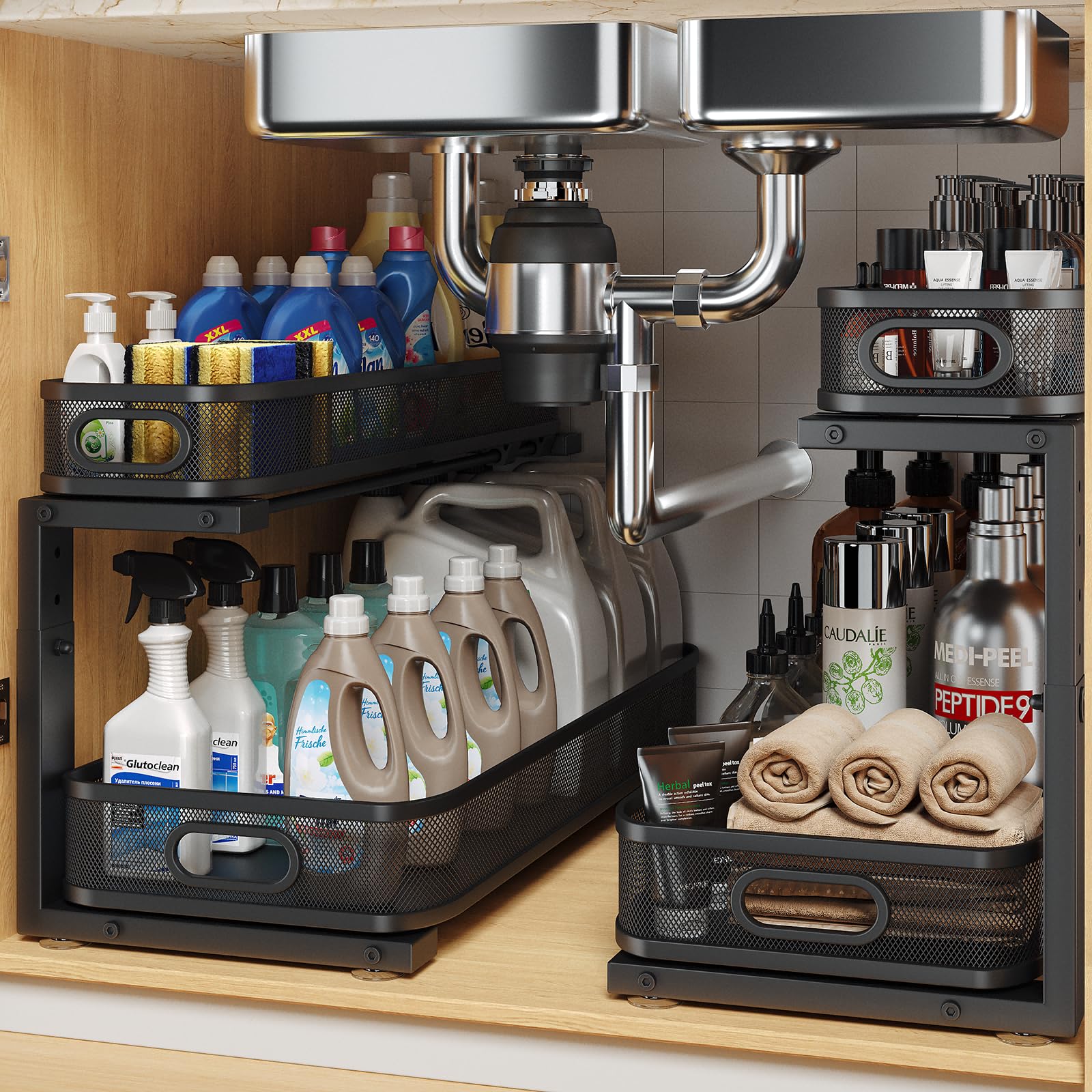 2 Pack 21.3IN-Depth Under Sink Organizer with Smooth Cylindrical Rail,2-Tier Pull Out Multi-Purpose Cabinet Storage for Bathroom&amp;Kitchen,Height Adjustable,Rust-Resistant Coating-Black
