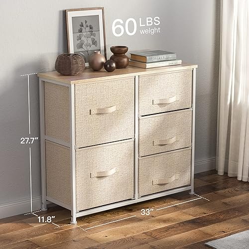 Miniatura 3 de Pipishell Cómoda de tela con 5 cajones amplia torre de almacenamiento unidad organizadora con parte superior de madera y asa fácil de tirar para