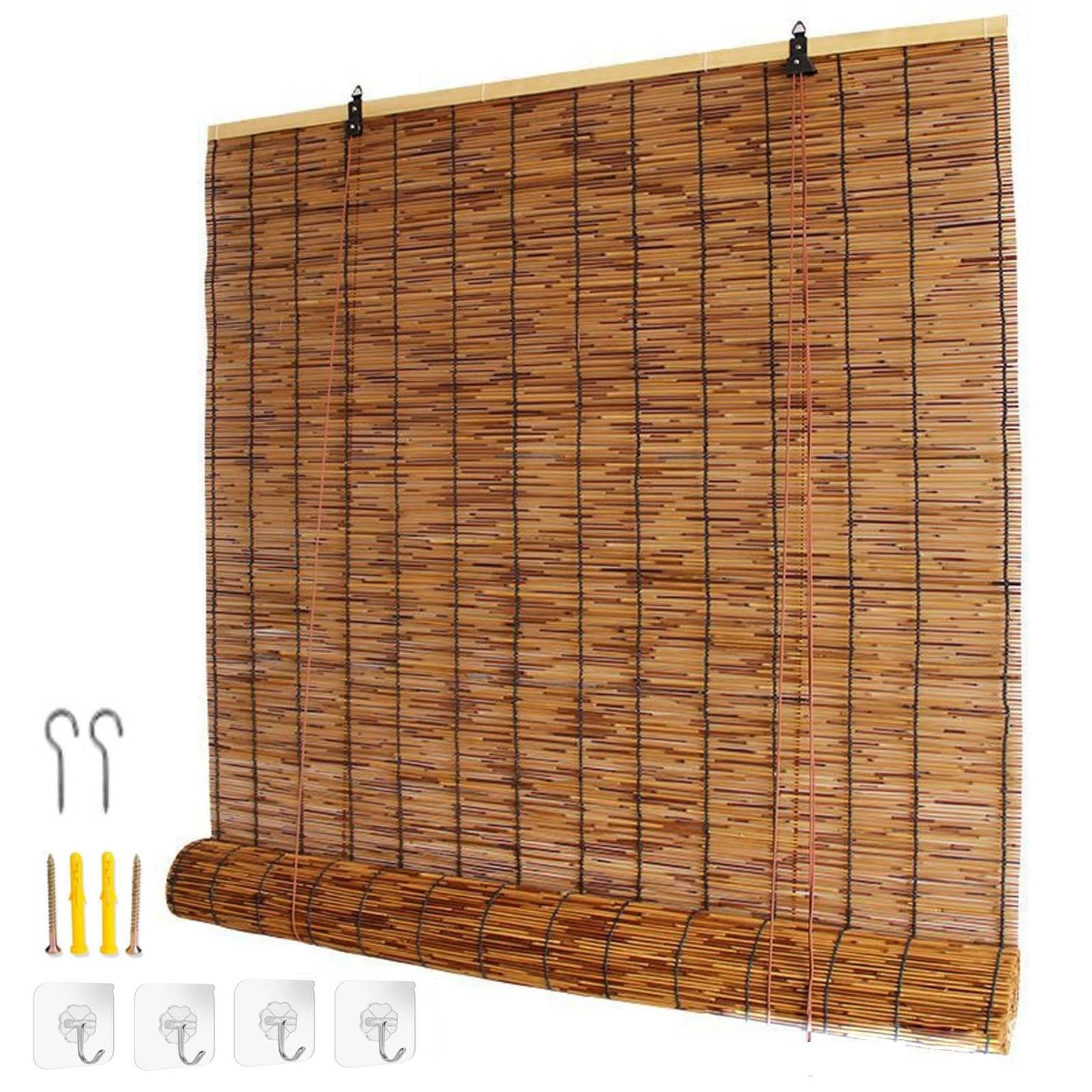 Bamboo Blinds Outdoor, Retro Reed Roller Shades Waterproof, Privacy Roman Roll Up Window Curtains, for Patio Porch Indoor Sunroom Balcony Light