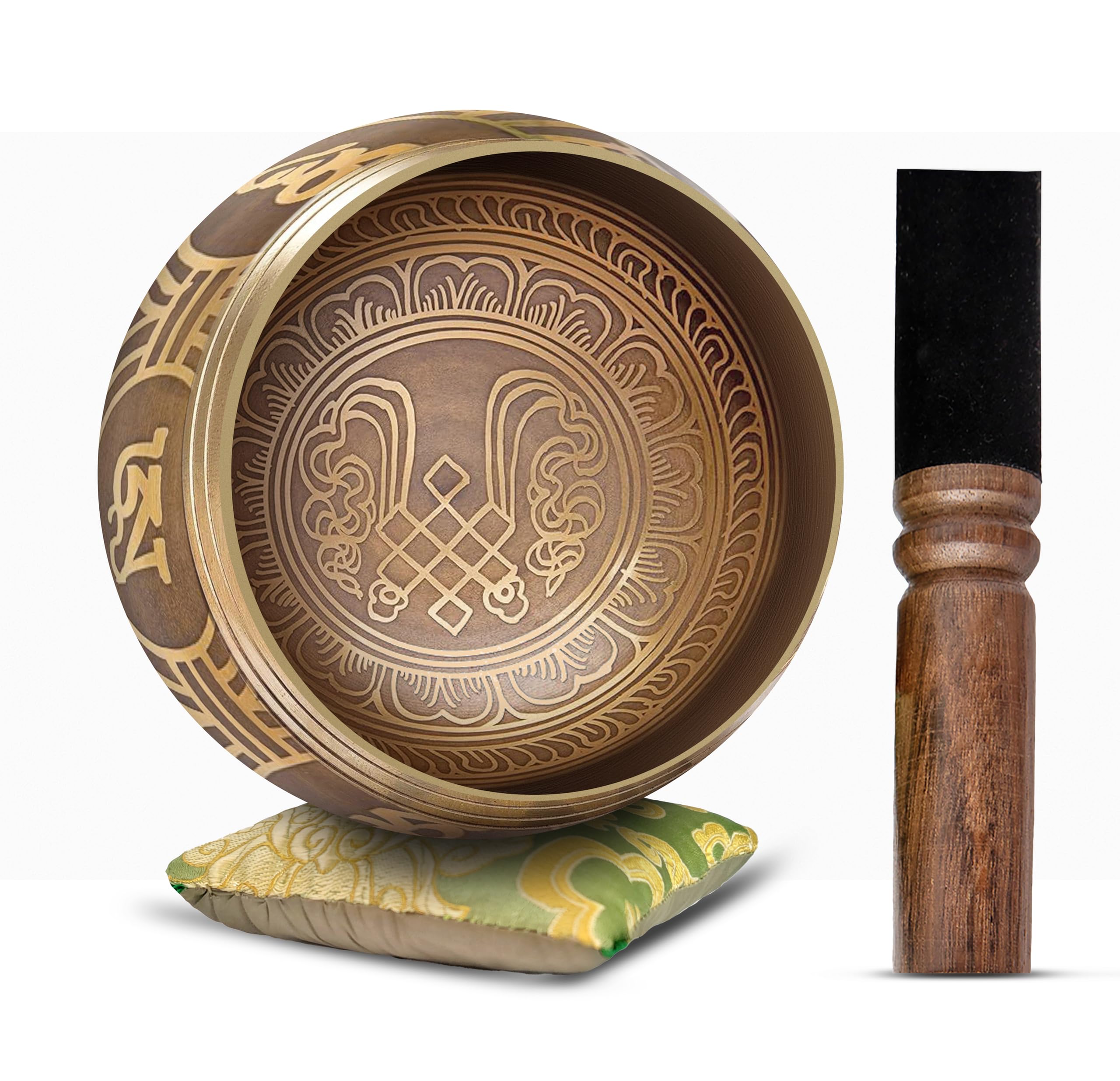 Tibetan Singing Bowl Set - Easy To Play Authentic Handcrafted For Meditation Sound Bowl Chakra Yoga Healing 4 Inches By Himalayan Bazaar (Gold & Green)