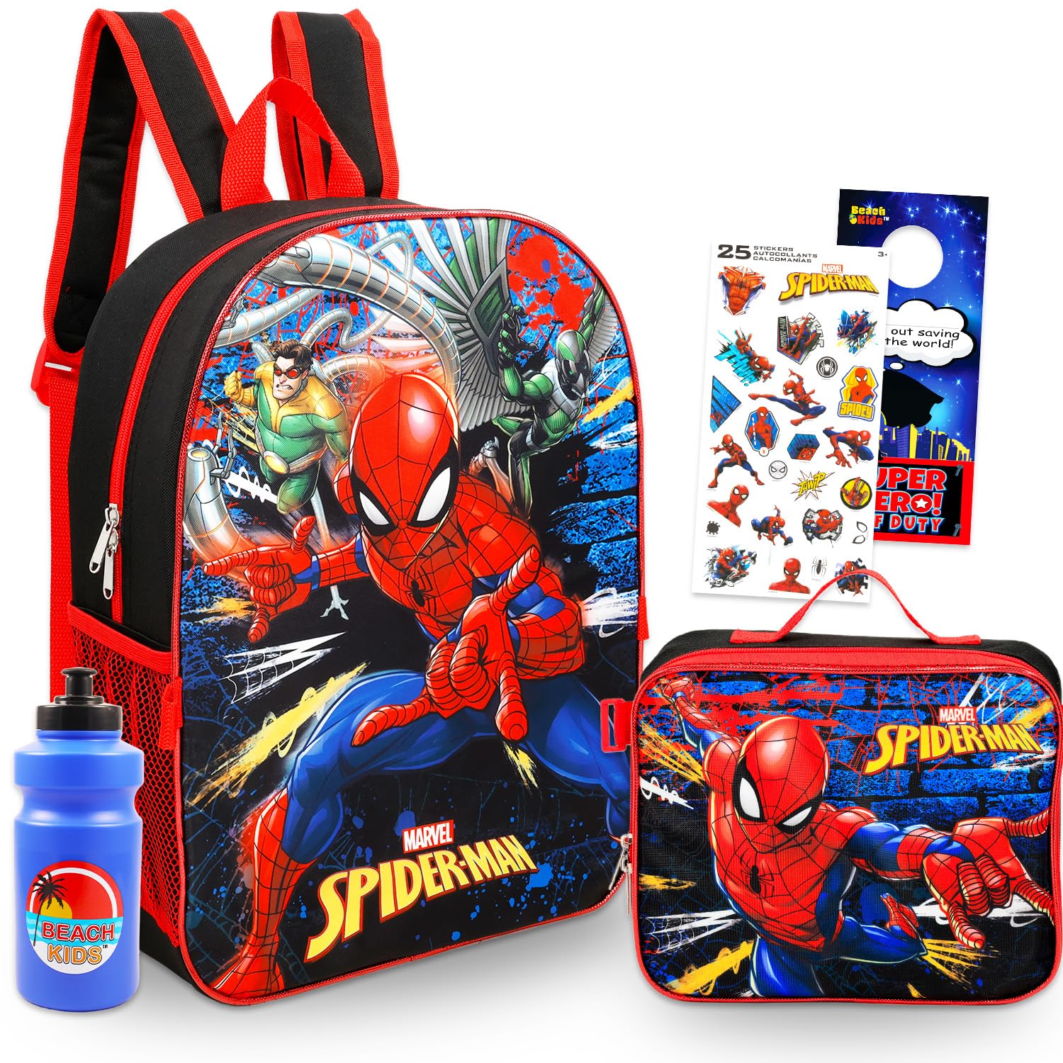 Spiderman Backpack with Lunchbox Set - Bundle with 16" Marvel School Bag, Insulated Lunch Bag, Water Bottle, More | Spiderman School Supplies Pack