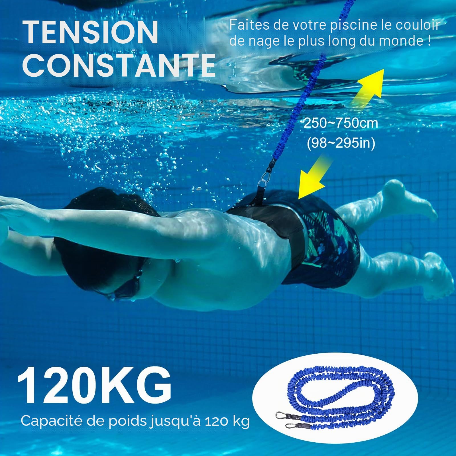 2,5-7,5 mètres de Ceinture de résistance réglable, Ceinture de Natation pour Enfants en Piscine, Aide à la Natation pour Toute Piscine sans système de Contre-Courant (Enfants, Bleu)