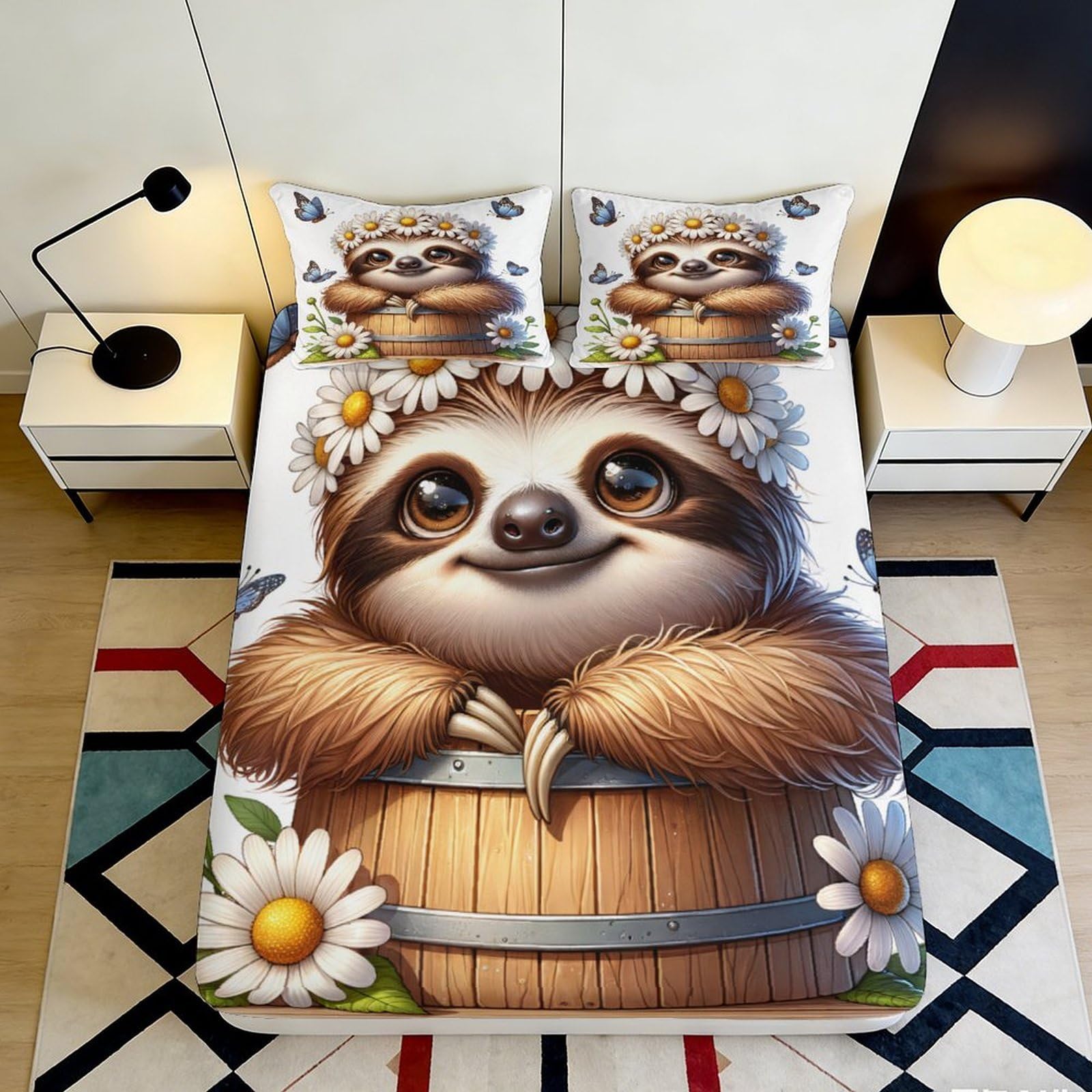 3D Printed Sloth Flower Fitted Sheet Microfiber Non Slip Mattress Cover for Bedroom Dorm Easy Care Decor 120x200cm 140x200x25cm