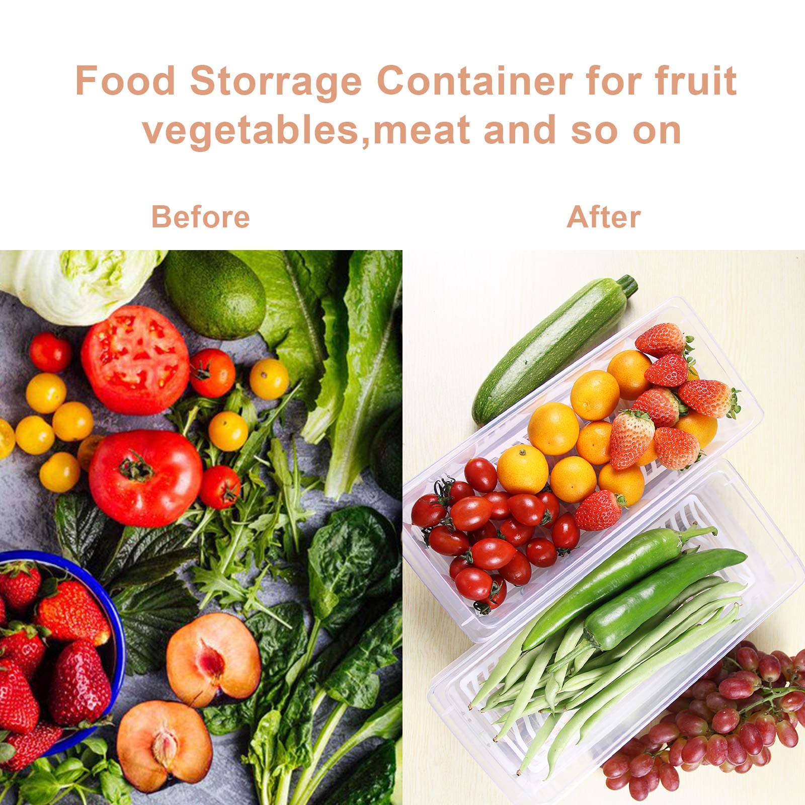 Contenedor de almacenamiento de alimentos, contenedores de plástico con placa de drenaje extraíble y tapa, contenedores apilables portátiles para congelador, bandeja para guardar frutas,