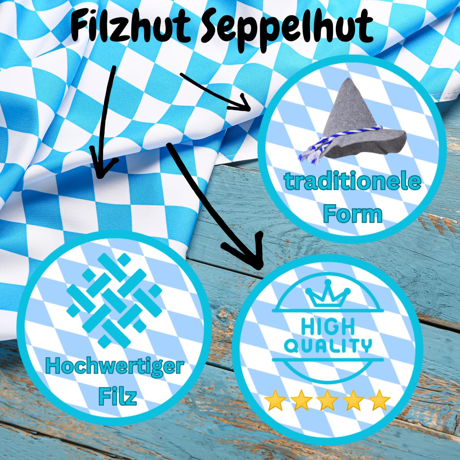 Seppelhut Oktoberfest, Volksfest traditional Bavarian hat, blue and white cord in one size, quantity: 1, 1 Items - Image 4