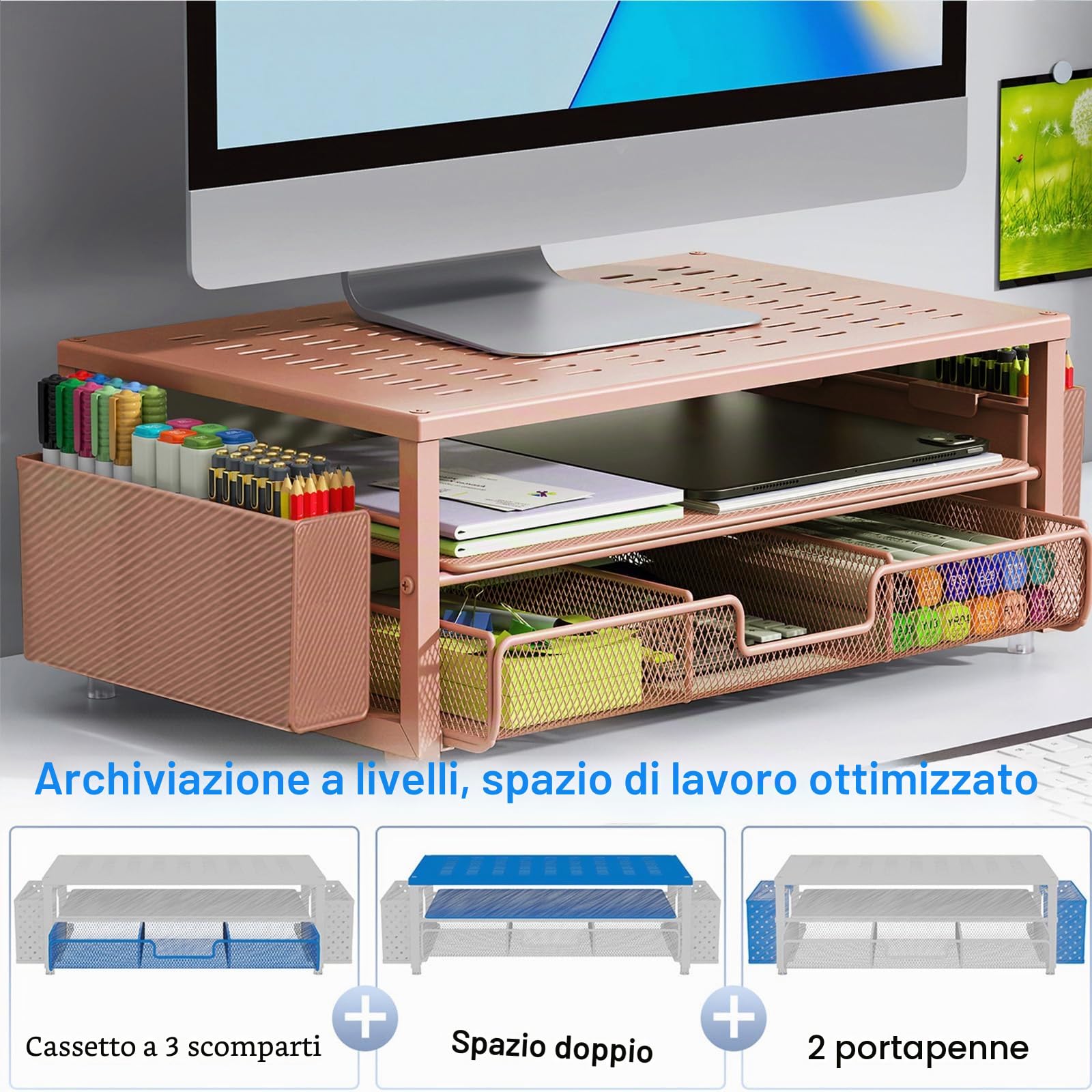 gianotter Supporto da scrivania per computer con cassetto e 2 portapenne, organizer da scrivania da donna, HomeOffice Essentials (oro rosa)