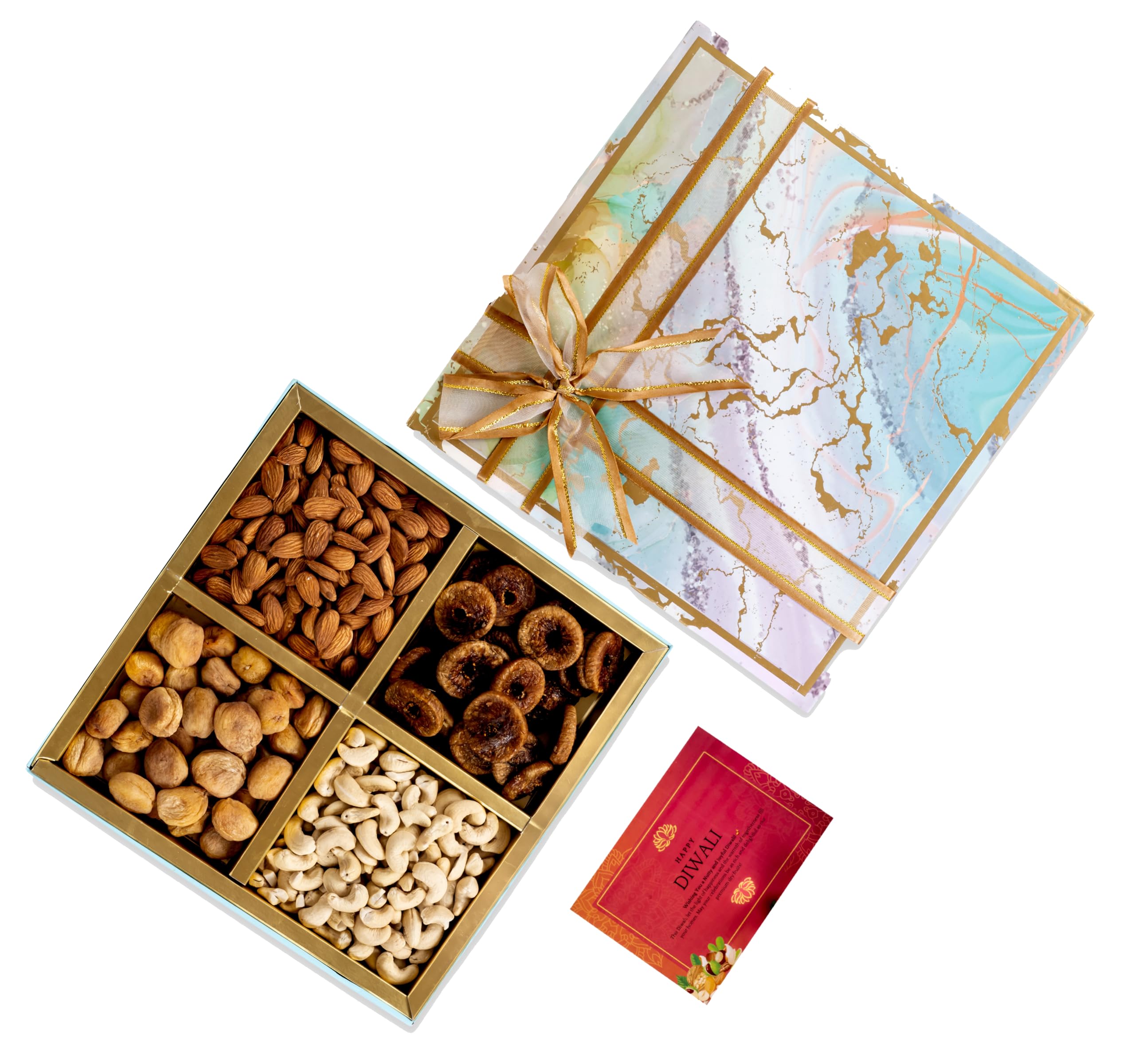 Wooq Organics Premium Dry Fruit Gift Boxes with Dry Fruits - Almond, Cashew, Fig, Apricot Mix Dry Fruits gift Pack, Diwali dryfruit combo Gift hamper (4x150g, 10x10x2 Inches)