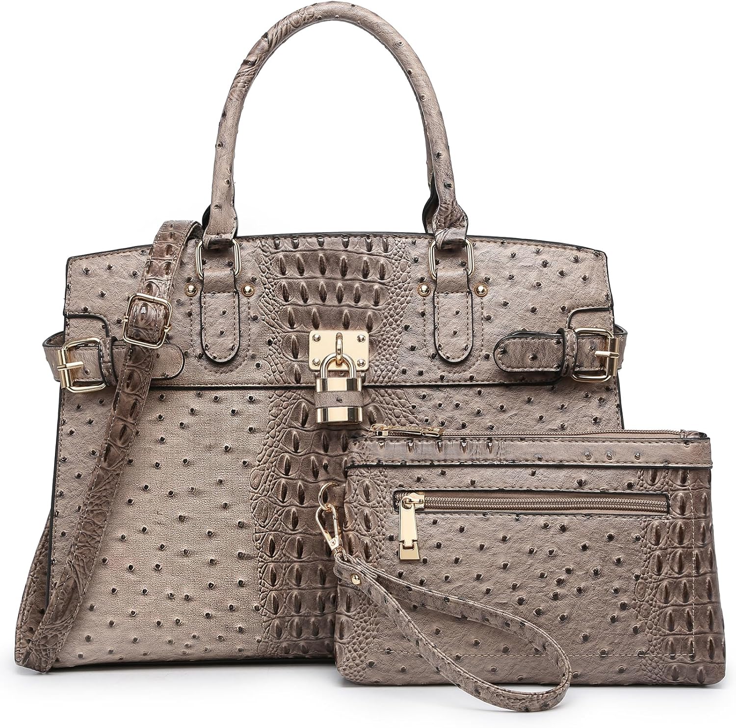 Women Fashion Satchel Handbags Purses Ladies Top Handle Tote Work Shoulder Bags with Matching Wristlet Wallet | Chic 2-Piece Set, Lux Ostrich Grain, Elegant Gold Lock, Versatile Strap, Ideal Work Satchel