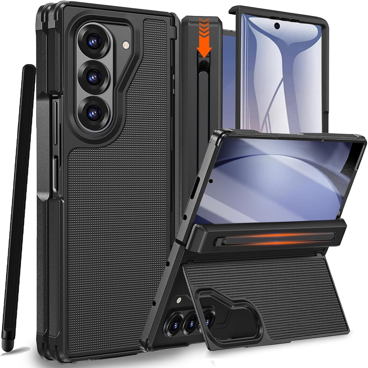 NINKI Stylus for Samsung Galaxy Z Fold 5 Case with S Pen Holder and Invisible Kickstand,Full Body Hinge Screen Protector Phone Cover for Samsung Z Fold 5 Case with Slim S Pen Slot - Textured Black