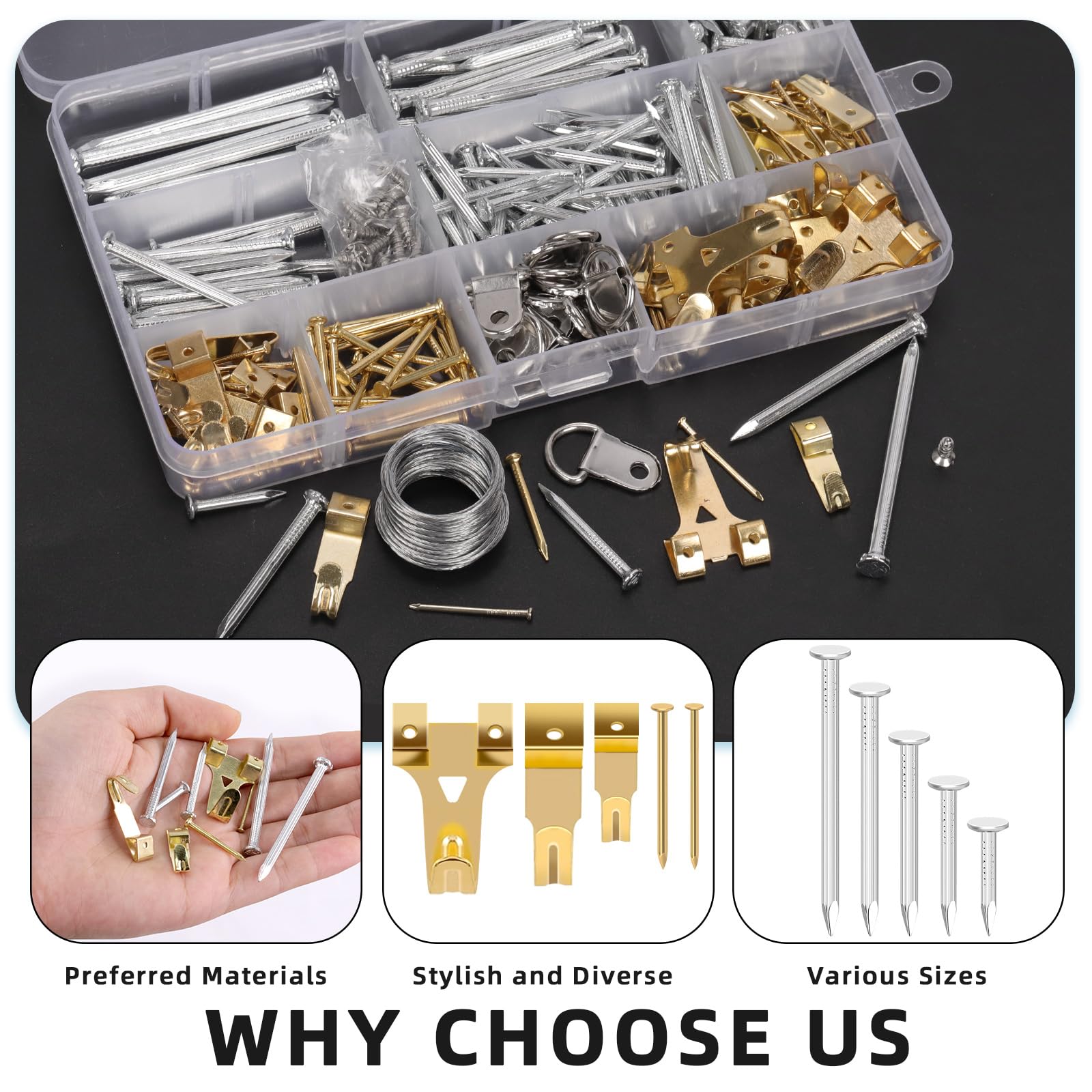 Glarks 568pcs Picture Hanging Kit, Hanging Hardware with Hooks, Wire, Nails, D Ring, Wall Hanging Kit, Heavy Duty Picture Hanger Frame Hook Hardware, Heavy Duty Frame Hanging Hardware for Hanging - Image 3