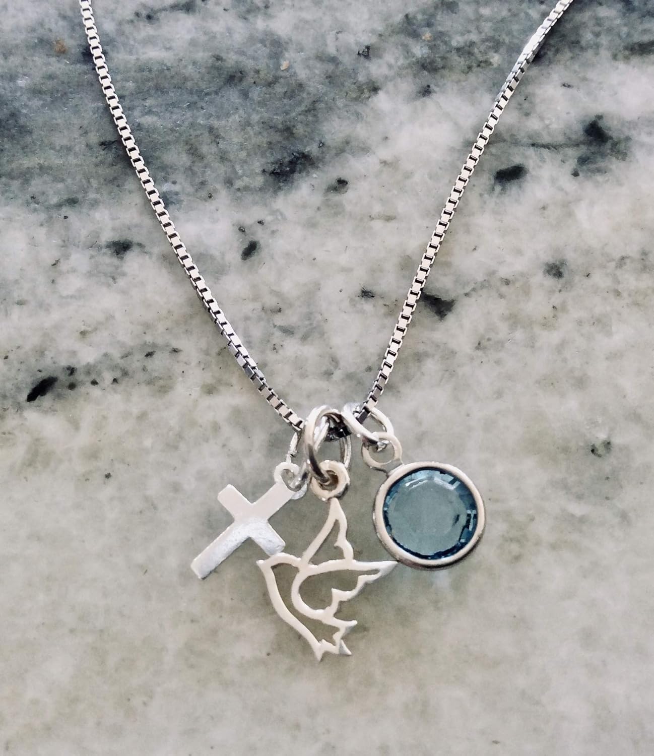 Sterling Silver Holy Spirit Necklace with Cross and Birthstone, Personalized Tiny Charm Necklace, Sterling Chain 16 18 or 20 Inch, Confirmation or Baptism Gift - Image 4