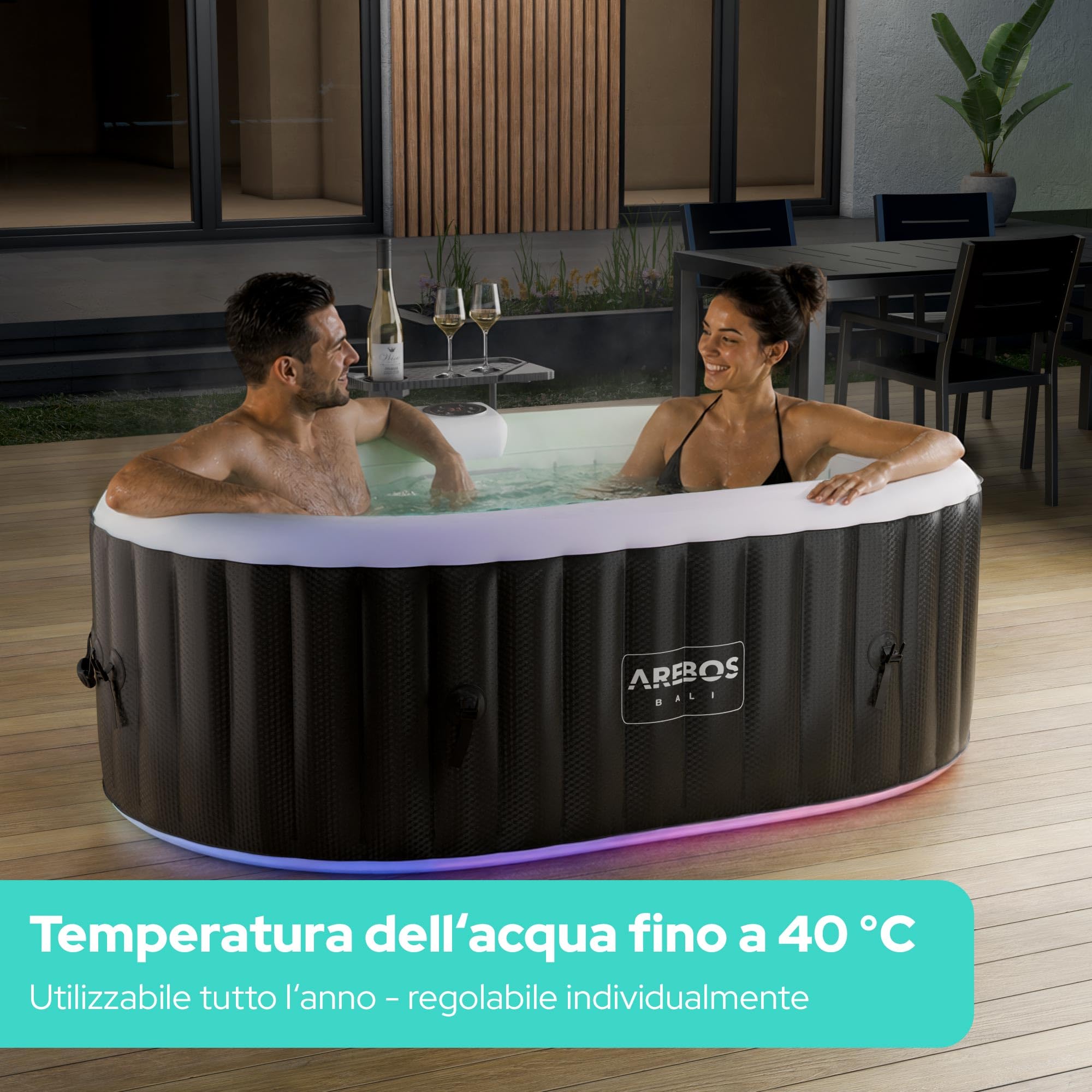 Arebos Vasca idromassaggio con illuminazione a LED | Gonfiabile | Indoor & Outdoor | 190x120 cm ovale | 2 persone | 90 getti di massaggio | con riscaldamento | 550 litri | Incl. copertura | Bubble Spa