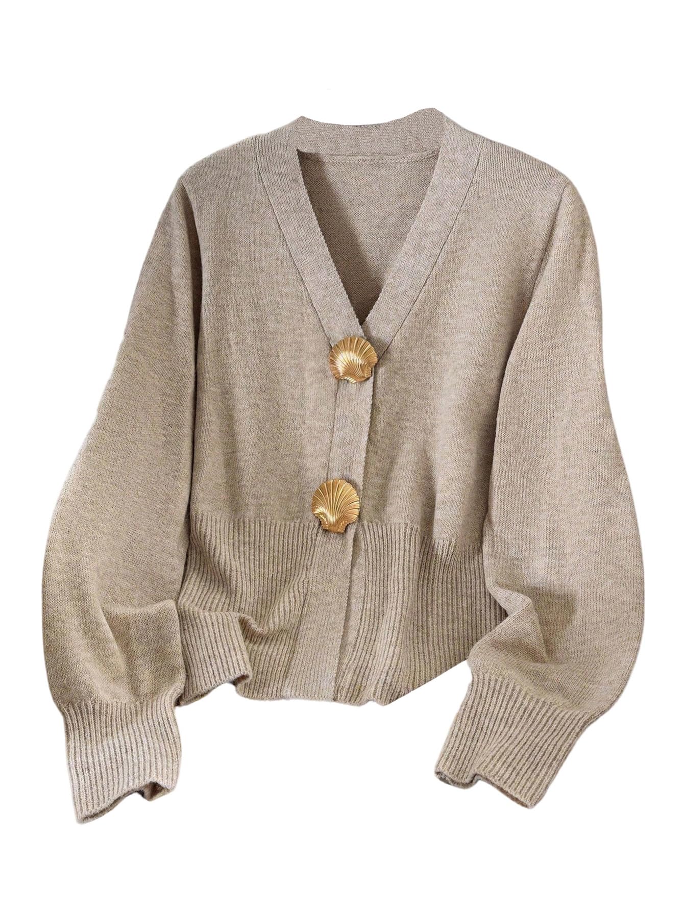 SHENHE Womens Fall Fleece Blend Cardigan Seashell Gold Button Up Cropped Cardigan Sweater