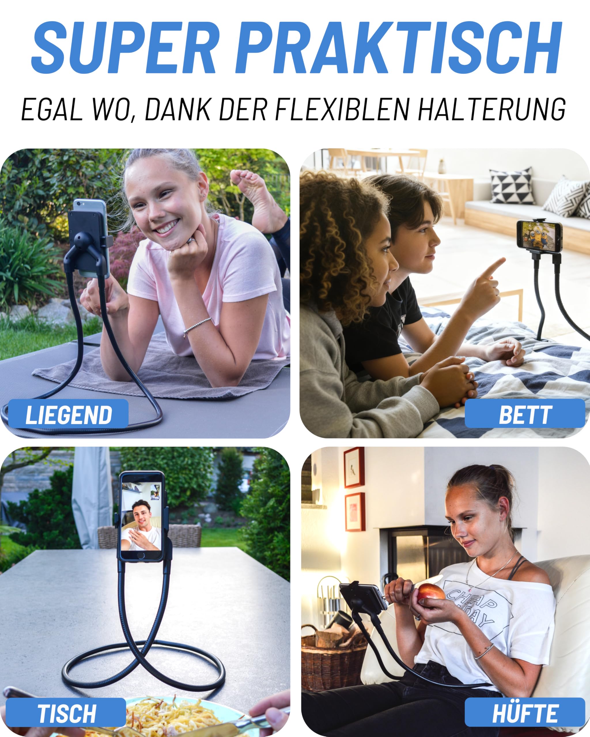 Smartphone Halterung - Handy Stativ flexibel - Schwanenhals Handyhalterung Bett - Handy Halterung Tisch, Handyhalterung Nacken mit Polster- Handyhalterung iPhone - Universal