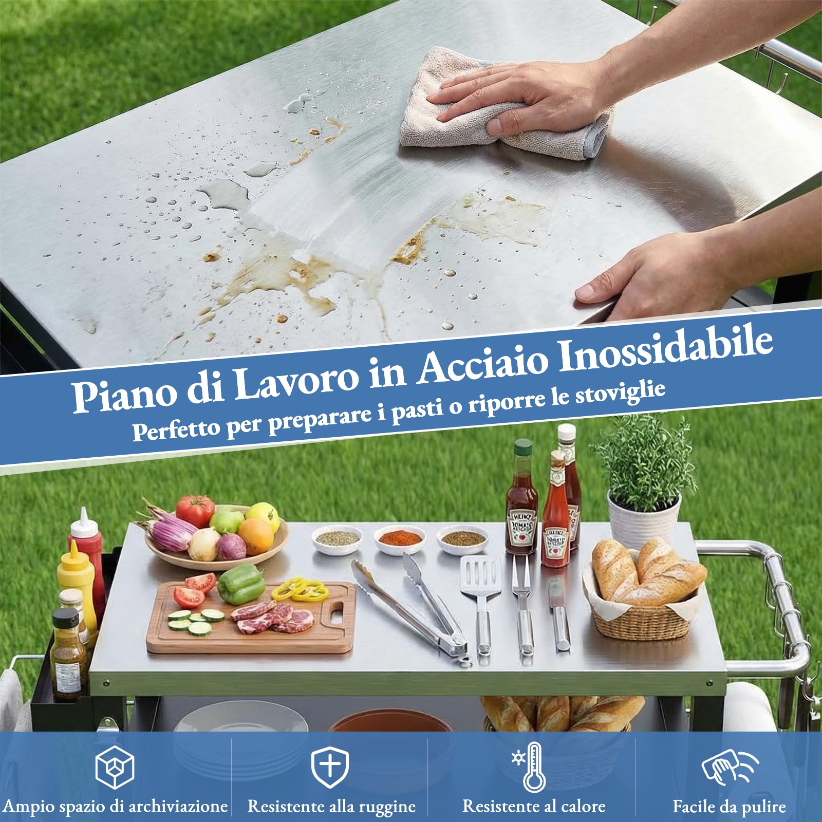 TLSUNNY Carrello per Barbecue con Piano in Acciaio Inox, Tavolo per Barbecue con Porta, 4 Ruote, Carrello da Cucina da Esterno, Carrello da Giardino per Terrazzo, Balcone, Picnic, 112 x 51 x 82.5 cm