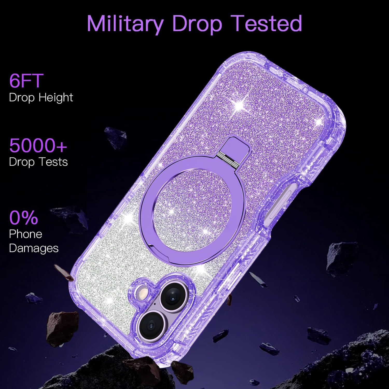 for iPhone 17 Case,[Magnetic Stand][Fit for MagSafe][Glitter Card][Built-in 9H+ Screen Protector] Military-Grade Drop Proof Shiny Cover for Apple iPhone 17,Glitter Purple