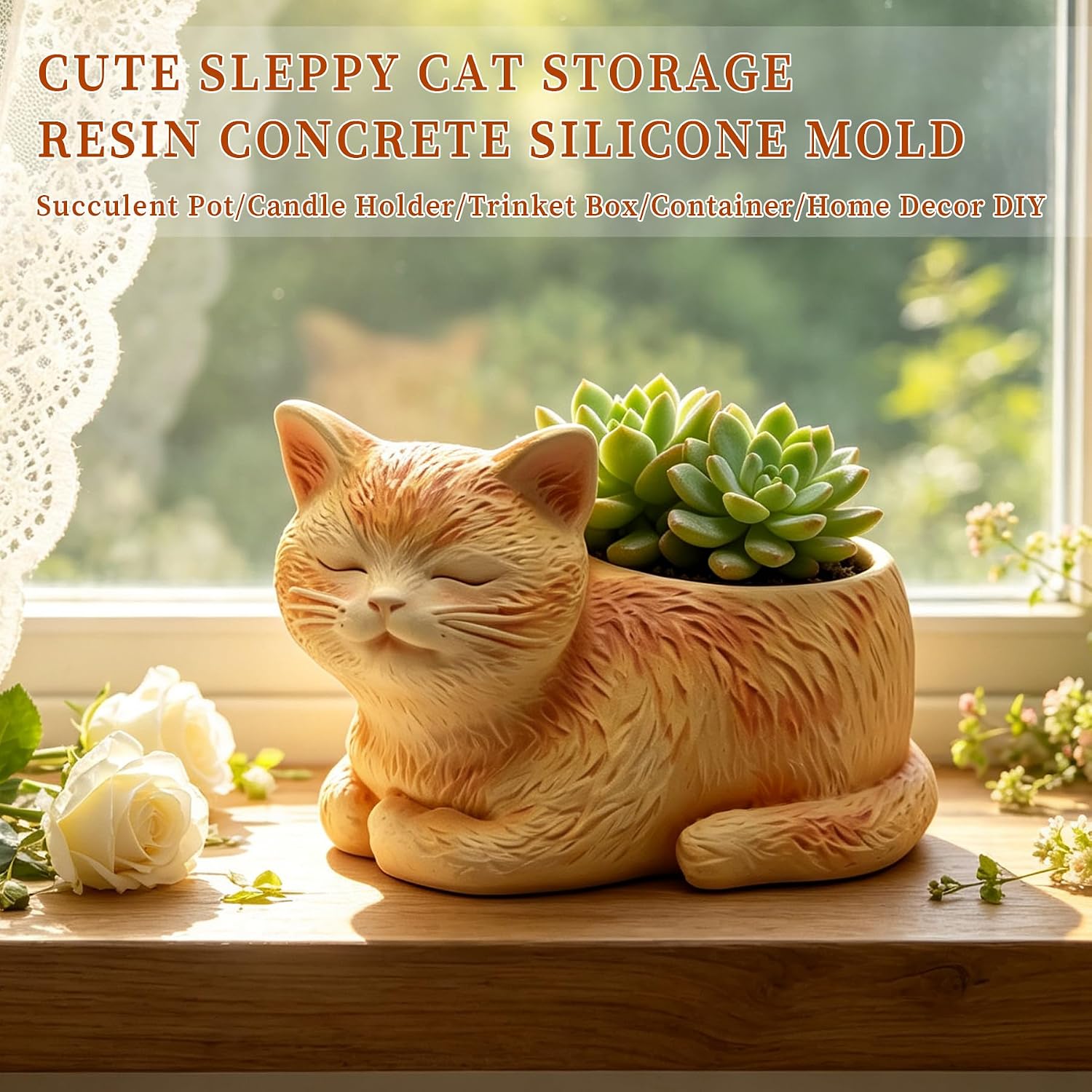 Wehous Sleepy Cat Embossed Silicone Planter Mold, Unique Candle Holder Bowl Container Resin Concrete Cement Mold, Storage Jar Succulent Pot Jewelry Trinket Holder Molds DIY Art Craft Decor