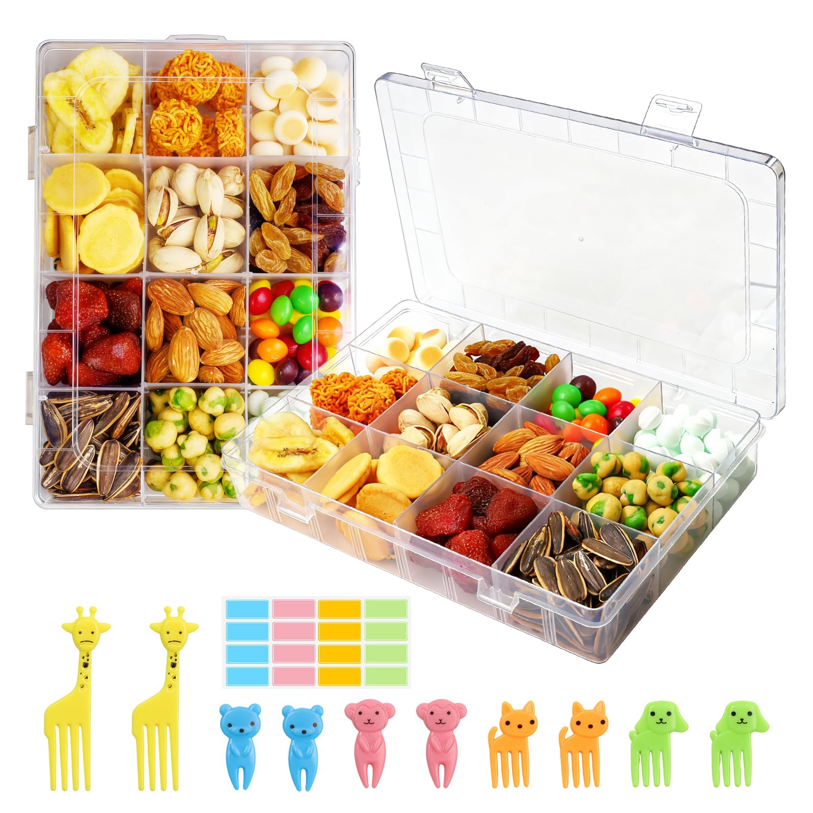 2Pcs Snack Box with Compartments, Travel Snack Box with 10 Fruit Fork, Clear 12 Grids Organiser Storage Box, Multi Plastic Organiser, Removable Compartments Snackle Boxes for Snack, Fruits, Beads