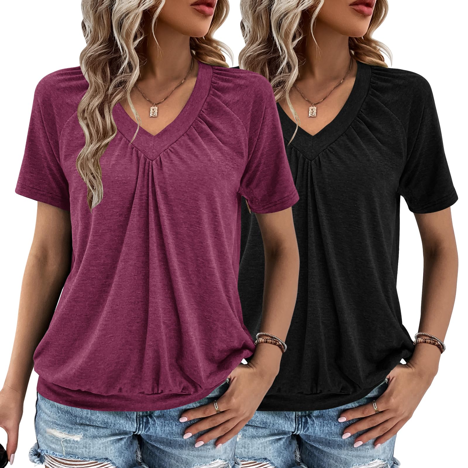 2 Pack Summer Tops for Women V Neck Shorts Sleeve Casual Ruched Tops Women T Shirts Clothes Trendy