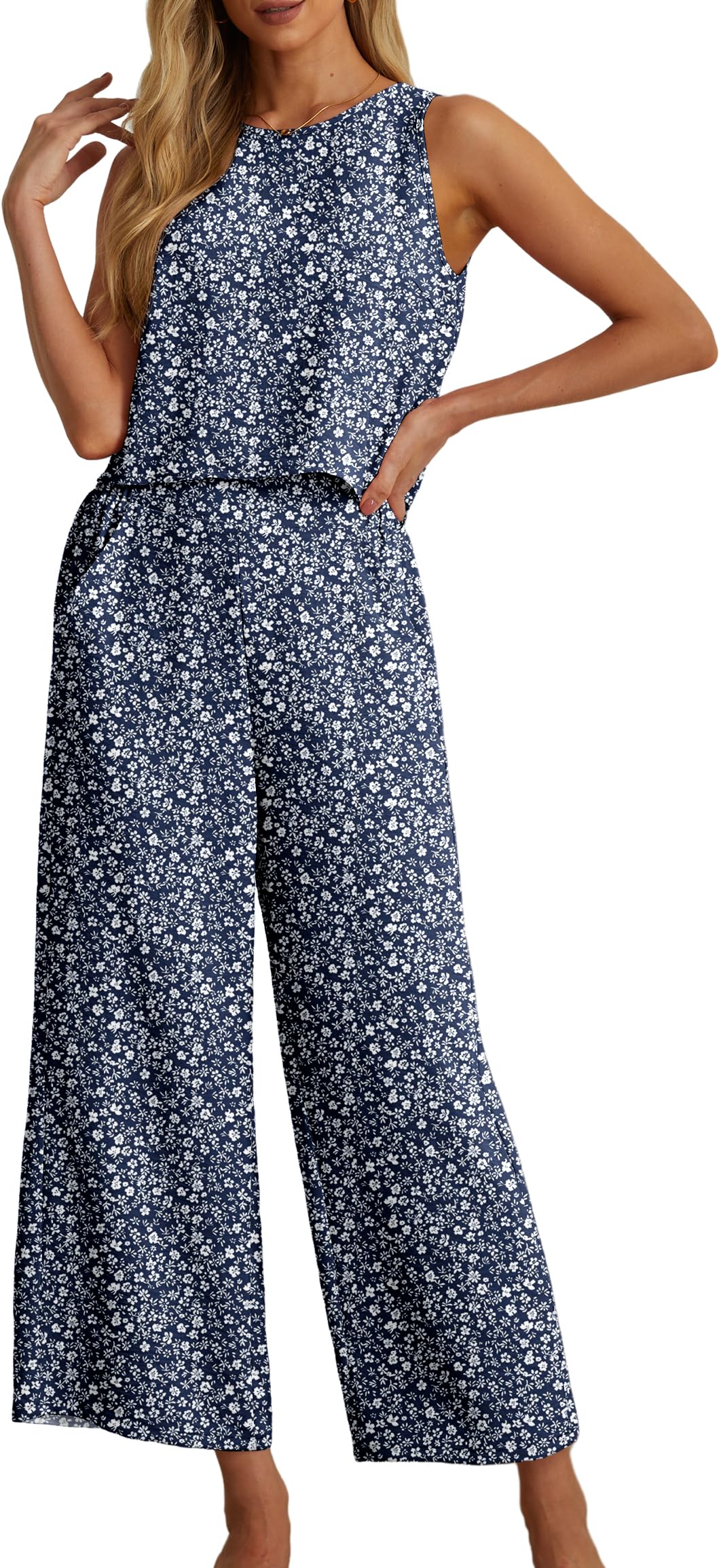 IWOLLENCE Women's Summer 2 Piece Outfits Set Round neck Sleeveless Tank Crop Top Wide Leg pants Set Pockets Jumpsuits