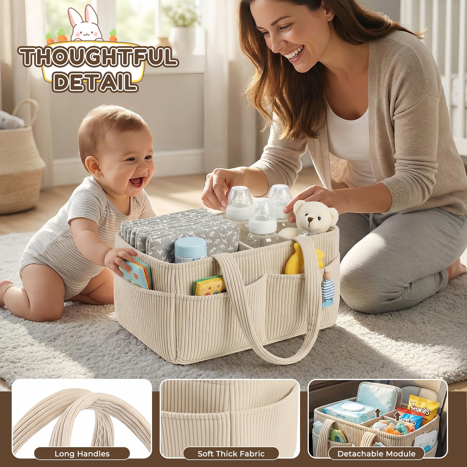 Rangement Couches Bebe, Panier Rangement Bébé Table a Langer, Organisateur de Couche Bebe, Panier a Langer Portable avec Compartiments Amovible et Poignées, Cadeau pour Nouveau-né